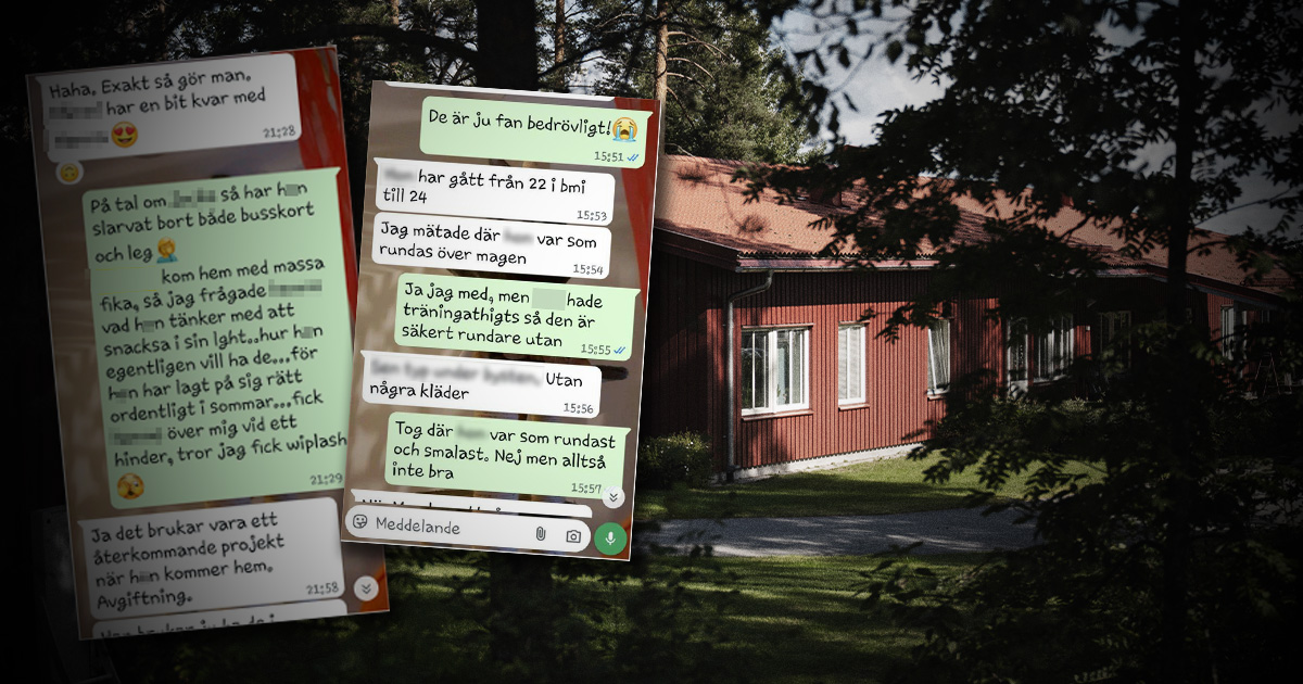 Ett kollage med skärmdumpar av chattmeddelanden på svenska ovanpå ett foto av en röd träbyggnad med träd runt.