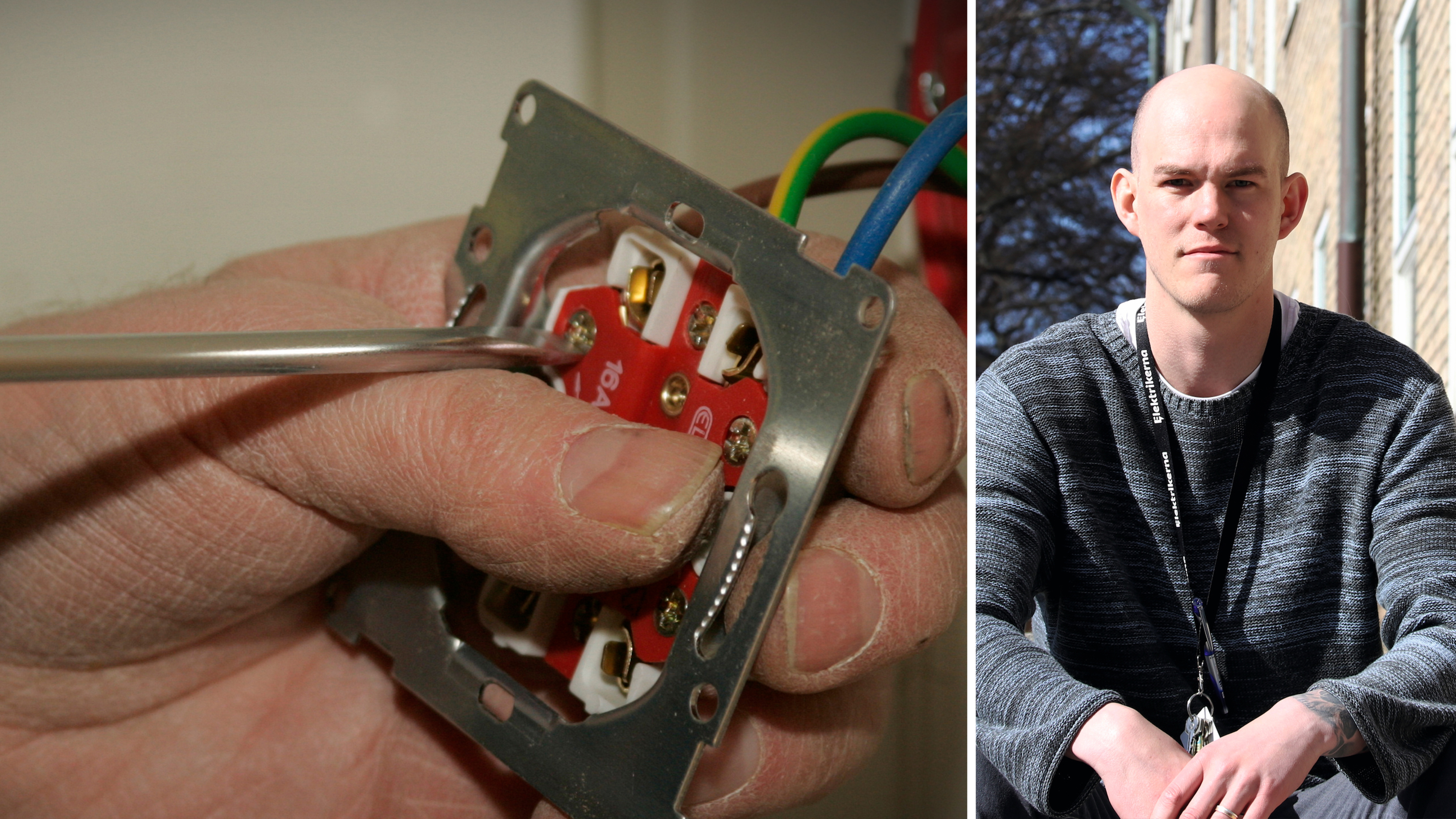 En person monterar ett eluttag med en skruvmejsel; bredvid sitter en man utomhus med grå tröja och nyckelband.
