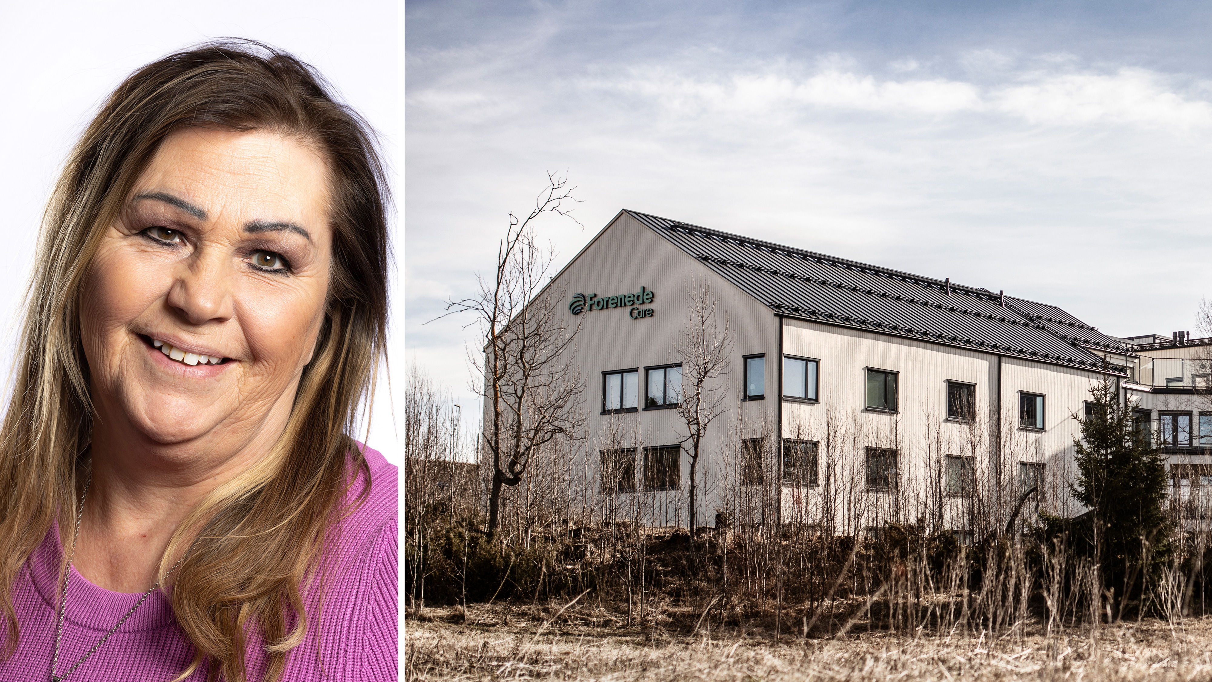 Ett porträtt av en kvinna i rosa tröja visas bredvid en bild på en vit byggnad med skylten "Grensásdeildin".