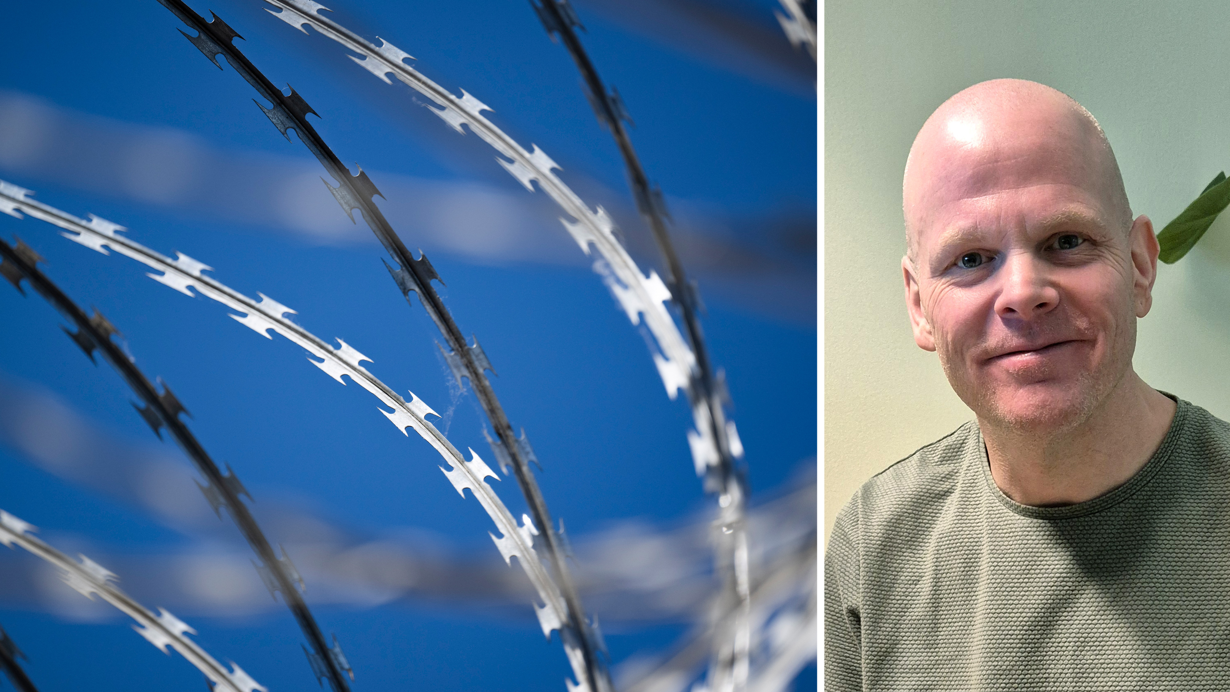 Vänster: Närbild på taggtråd mot blå himmel. Höger: En leende man med rakat huvud och ljus skjorta sitter inomhus nära en vägg och en växt.