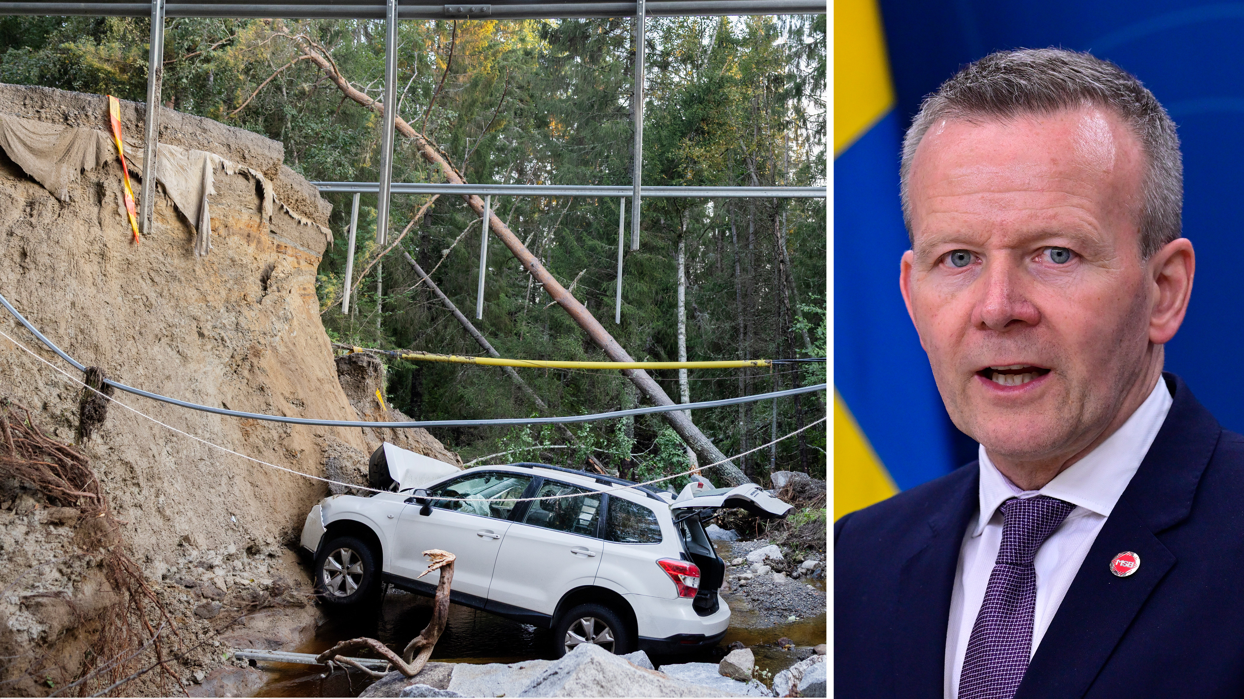 En vit SUV har krockat vid foten av ett jordskred under trasiga elledningar; till höger Mikael Frisell, generaldirektör för Myndigheten i kostym framför blå-gul bakgrund.