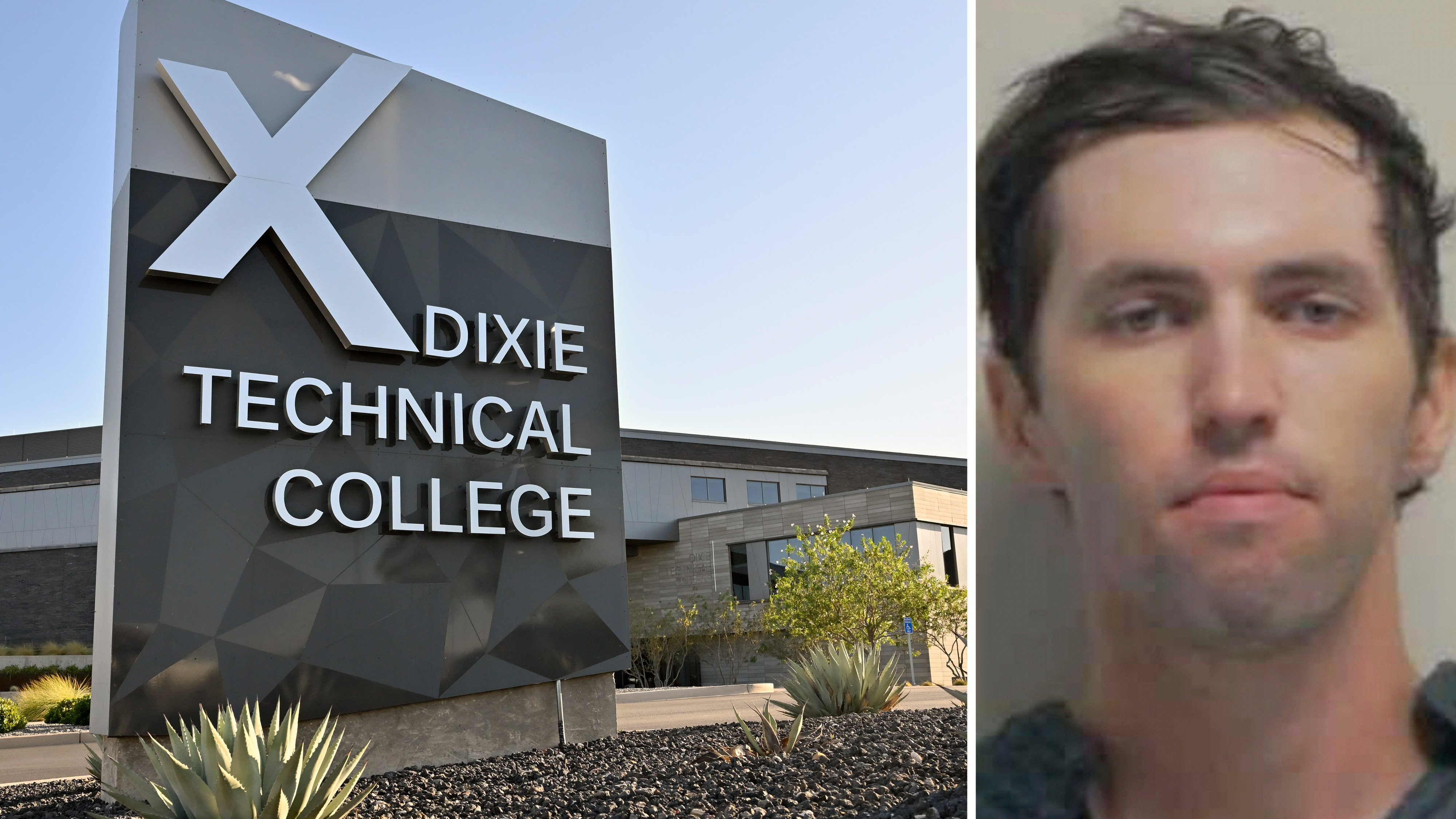 En skylt för Dixie Technical College visas till vänster och ett närbildsfoto av en mans ansikte finns till höger.