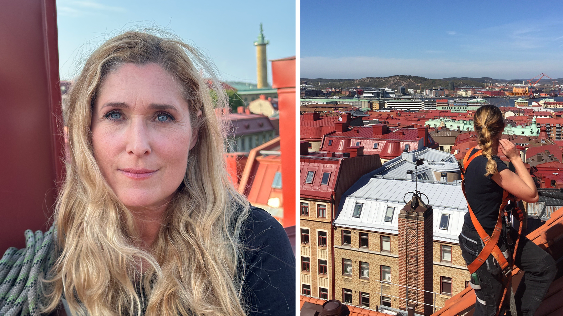 Två bilder på Therése Svedberg på ett högt tak