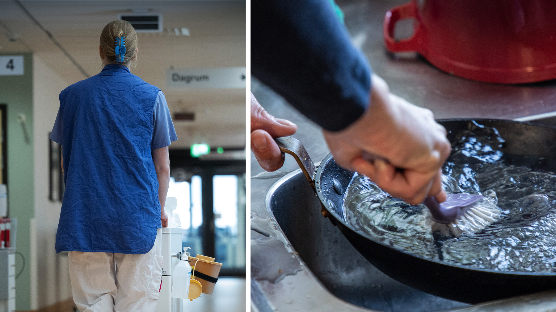 Ett bildmontage med en undersköterska i en korridor och ett par händer som diskar