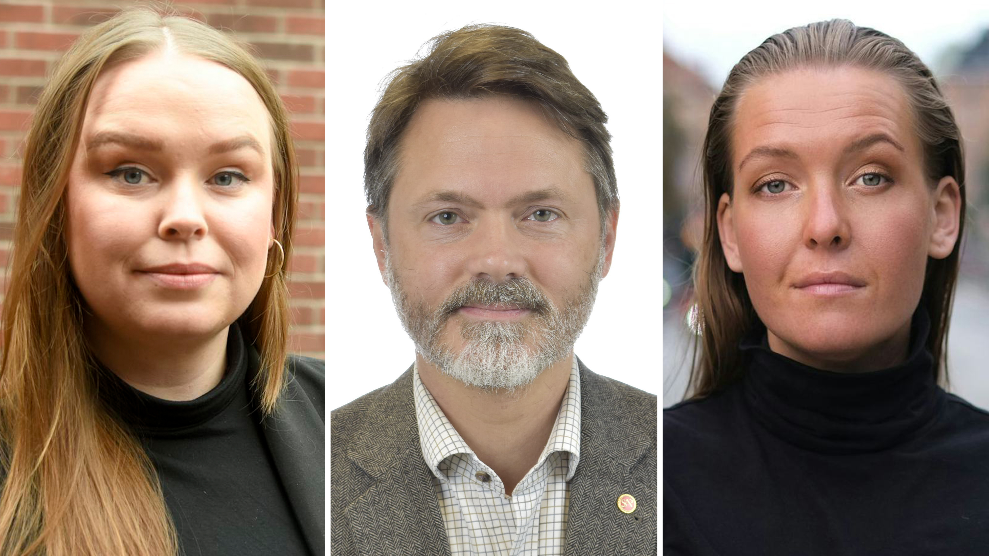 Tre personer, två kvinnor och en man, visas i varsin porträttbild. Mannen är i mitten och alla ser mot kameran.