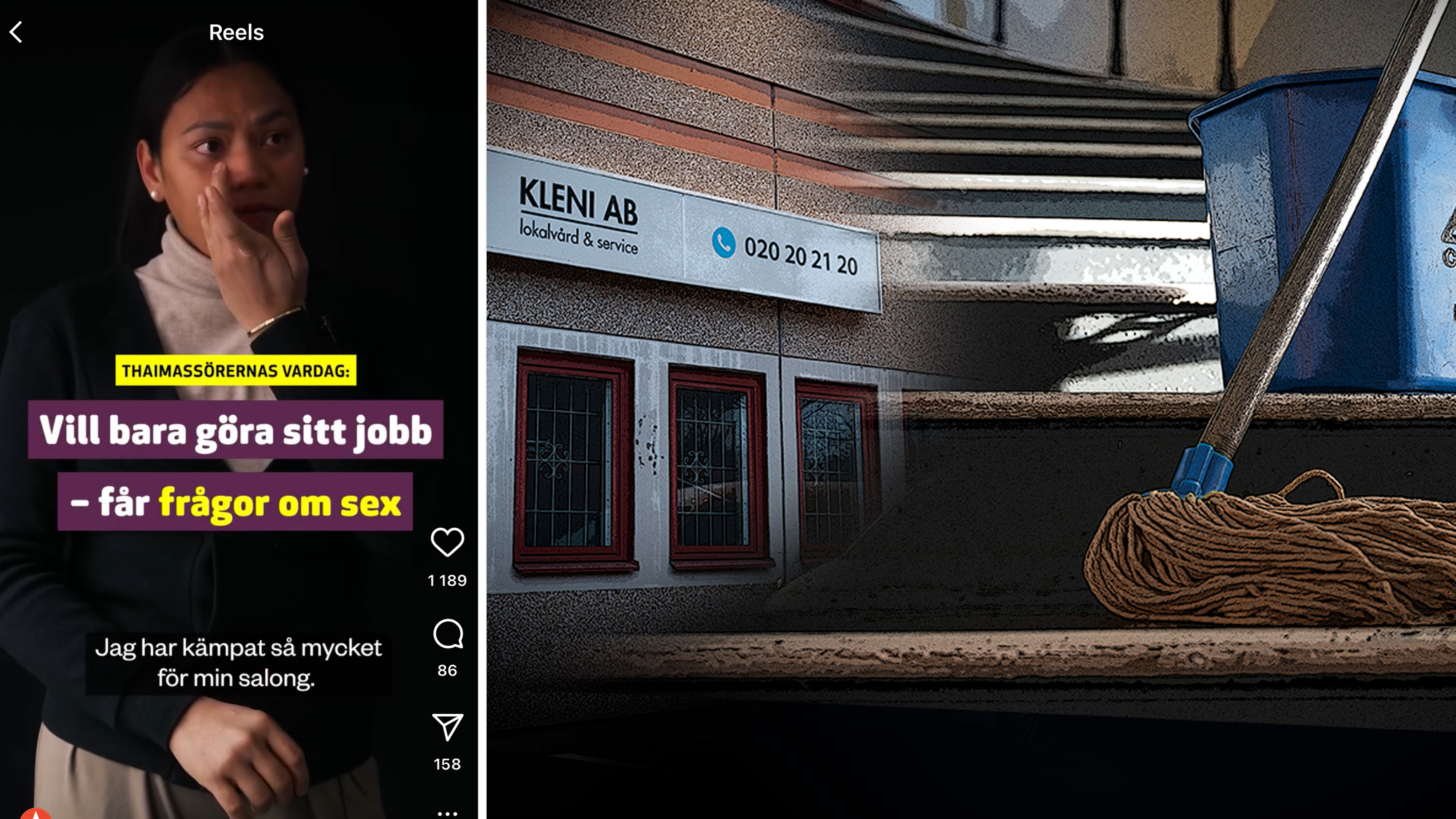 En kvinna rör vid sitt ansikte framför text om utmaningar på jobbet; bredvid syns en mopp och hink vid en trappa.