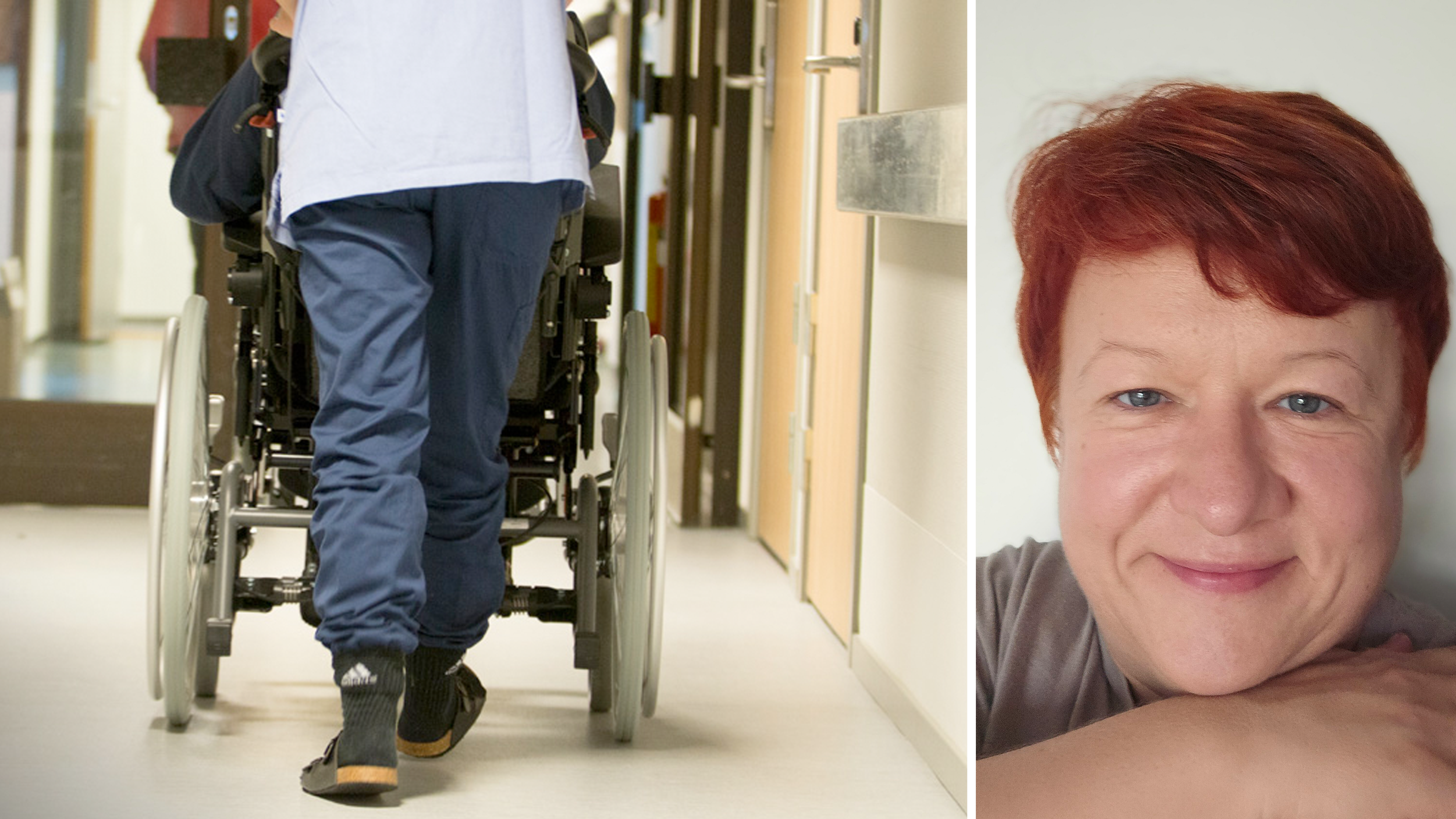 Bildmontage med genrebild på vårdpersonal som drar en rullstol, invid foto på Lidia Maka.