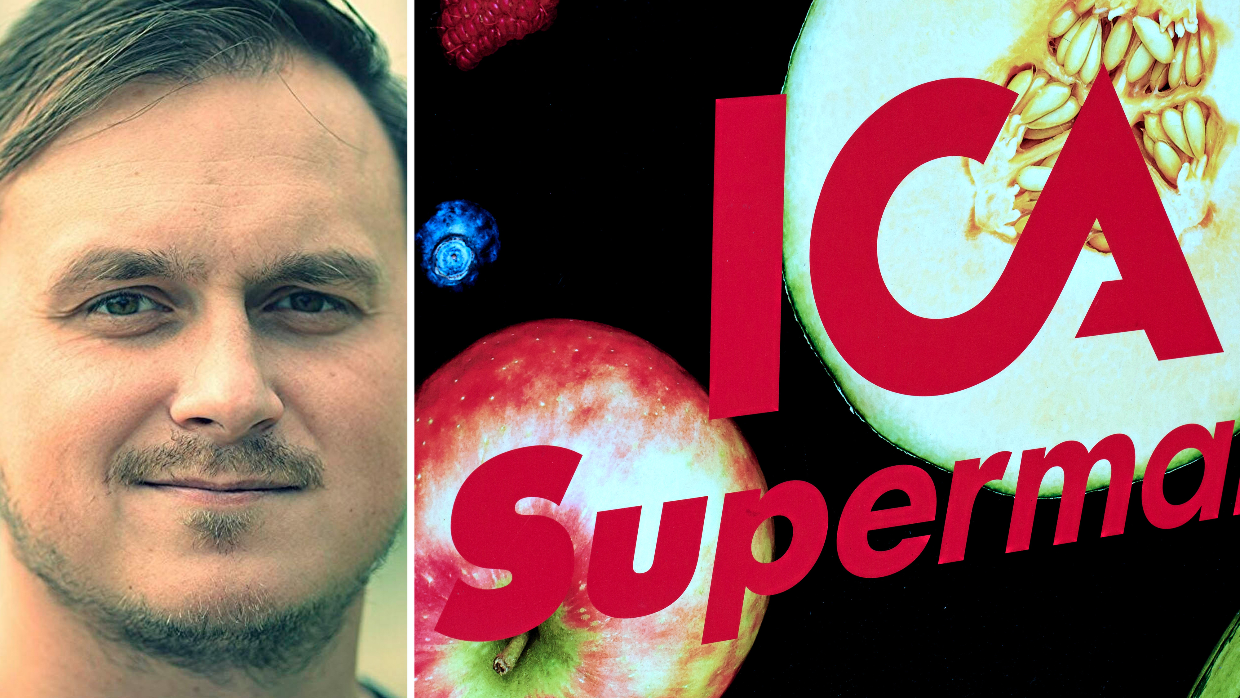 En mans ansikte syns till vänster; till höger finns röda ICA-logotypbokstäver ovanpå frukt som äpple, melon och bär.