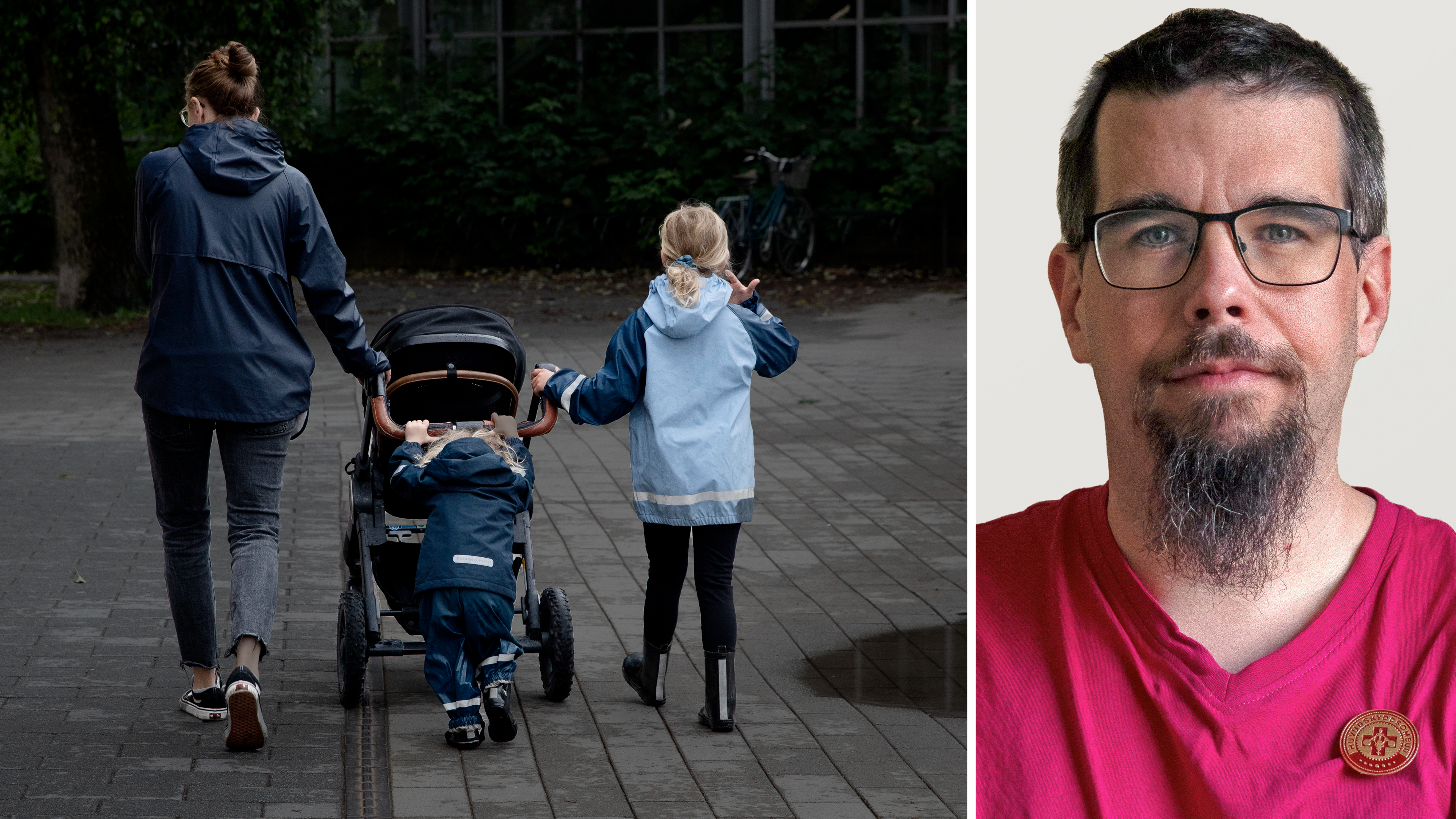 Bildmontage med en bild på en vuxen och två barn som skjuter en barnvagn, invid ett foto på Tommy Engström.