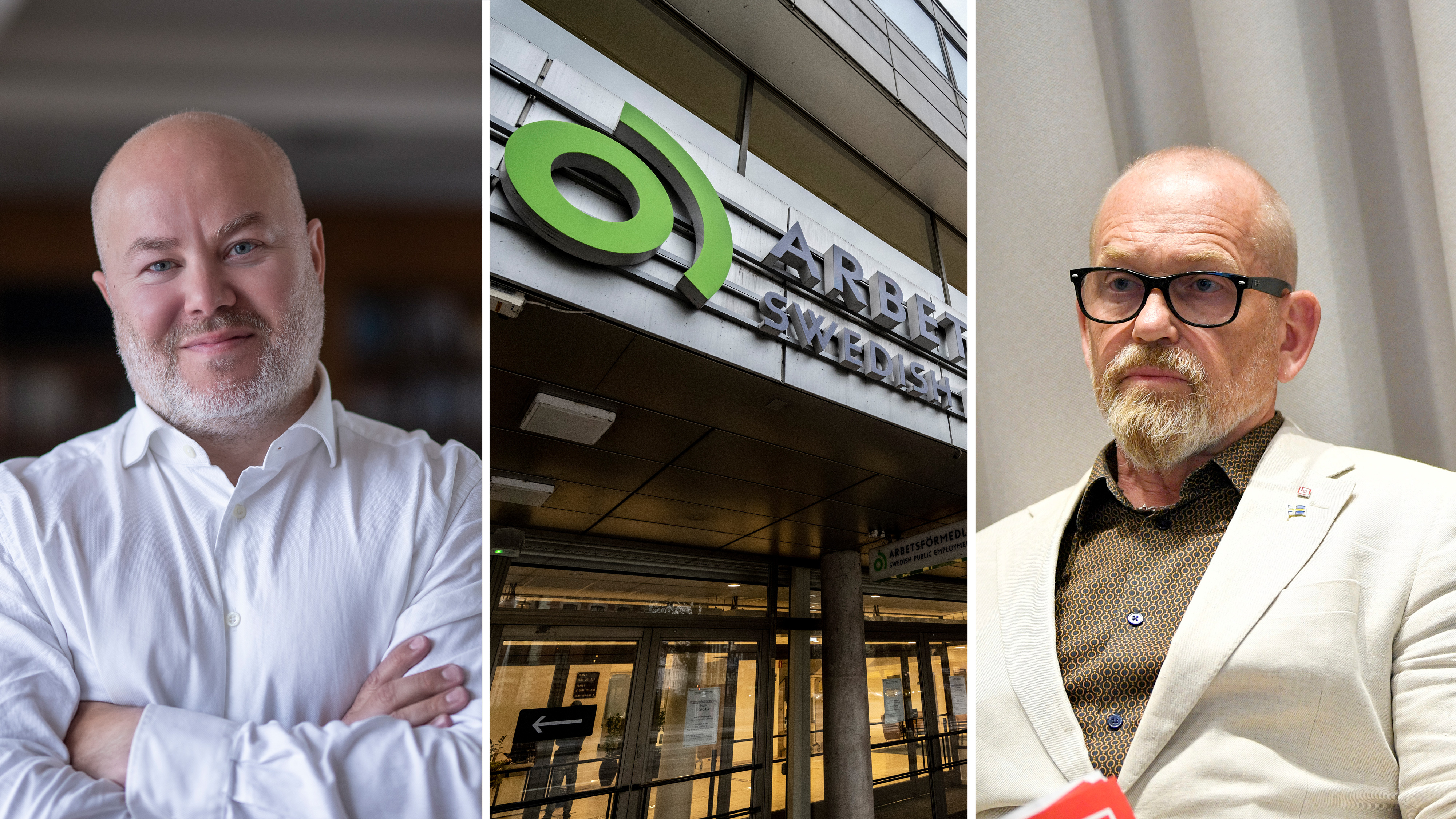 Ett collage visar en man i vit skjorta, utsidan av ett Arbetsförmedlingen-kontor och en man i beige jacka med mikrofon.