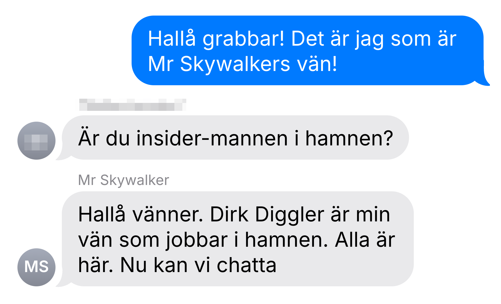 Chattmeddelande om kokainsmuggling i Helsingborgs hamn. ”Mr Skywalker” och ”Dirk Diggler” nämns.