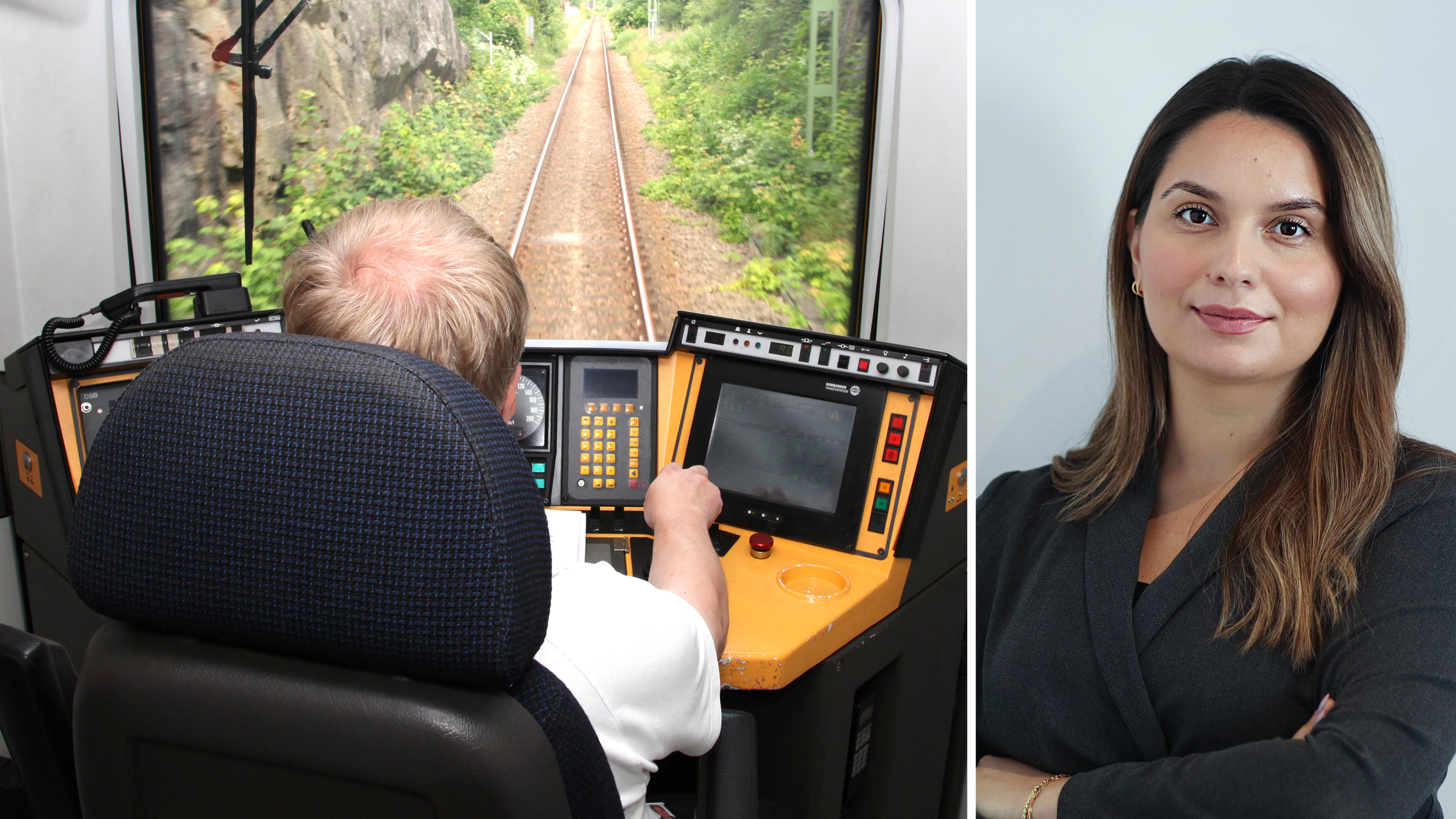 En person kör ett tåg från förarplatsen bredvid ett porträtt av en kvinna med långt brunt hår och mörk kavaj.