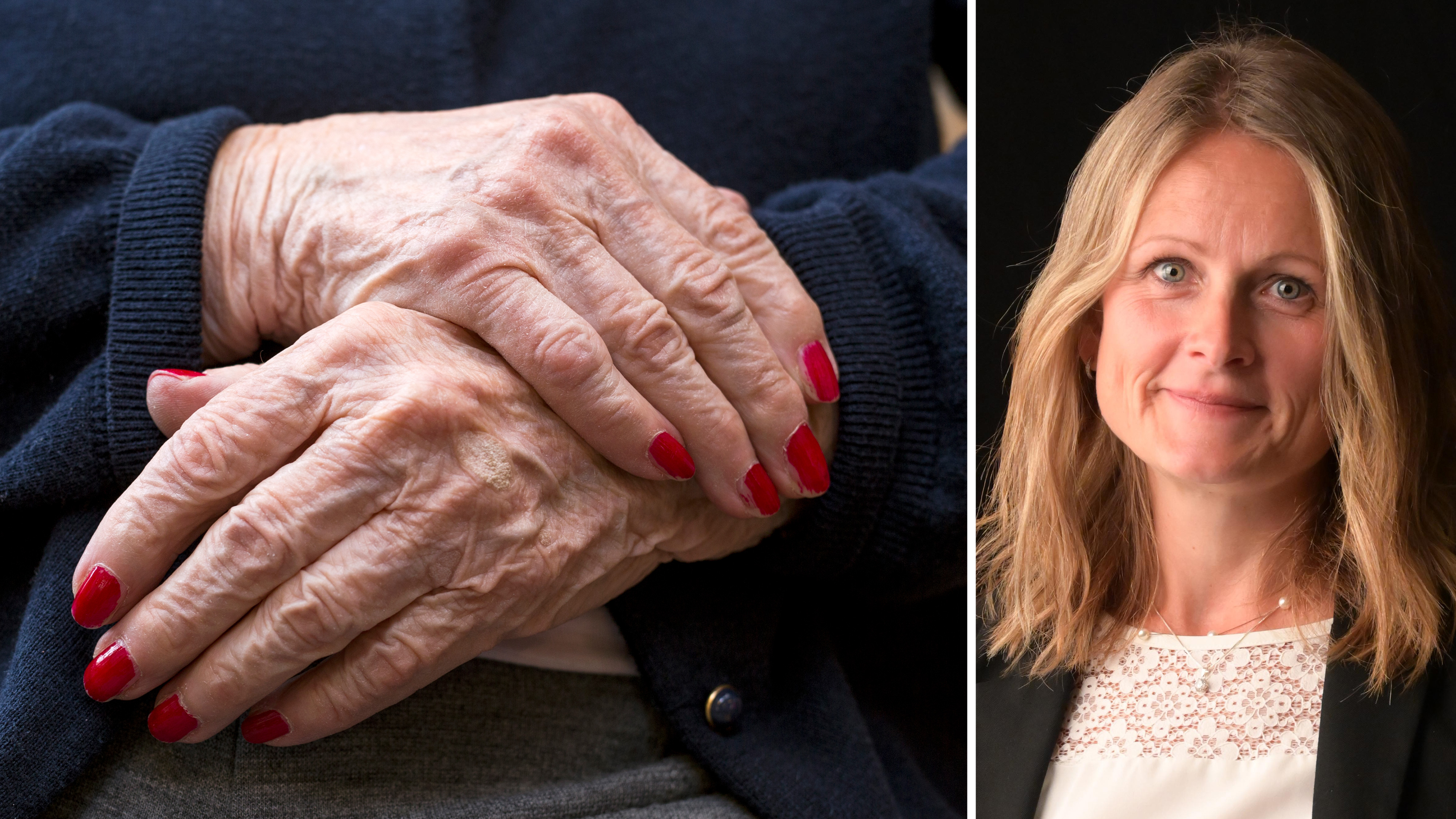 Närbild av äldre händer med rött nagellack till vänster; porträtt av kvinna med blont hår och svart kavaj till höger.