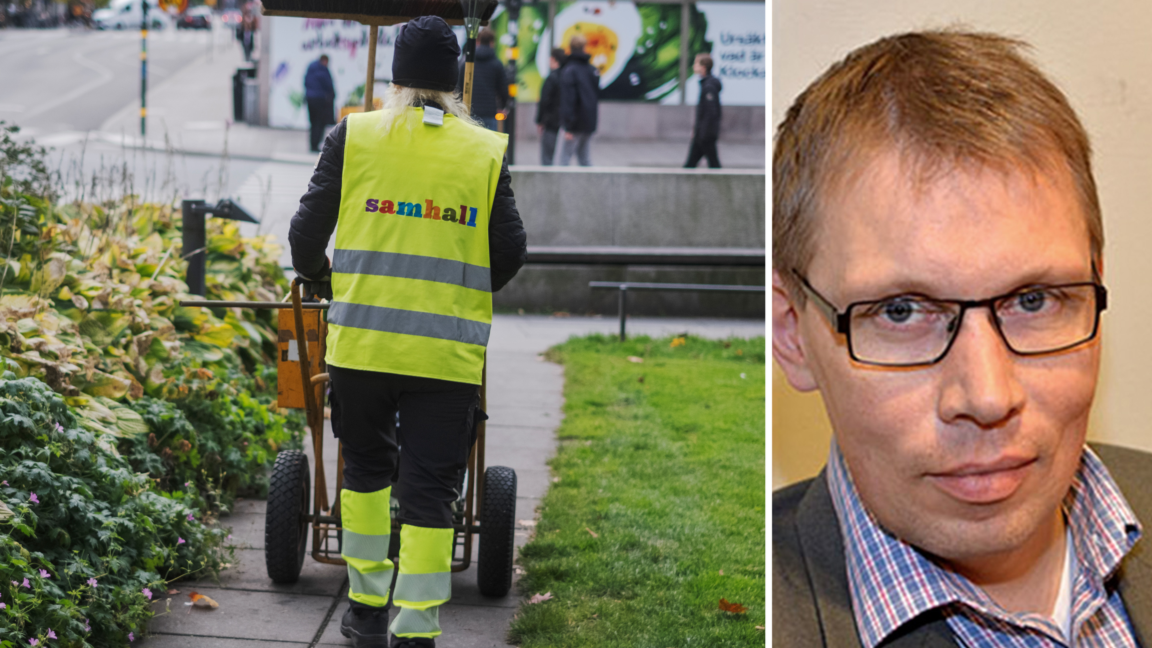 En person med en "Samhall"-väst skjuter en vagn utomhus; bredvid visas en man med glasögon i närbild.