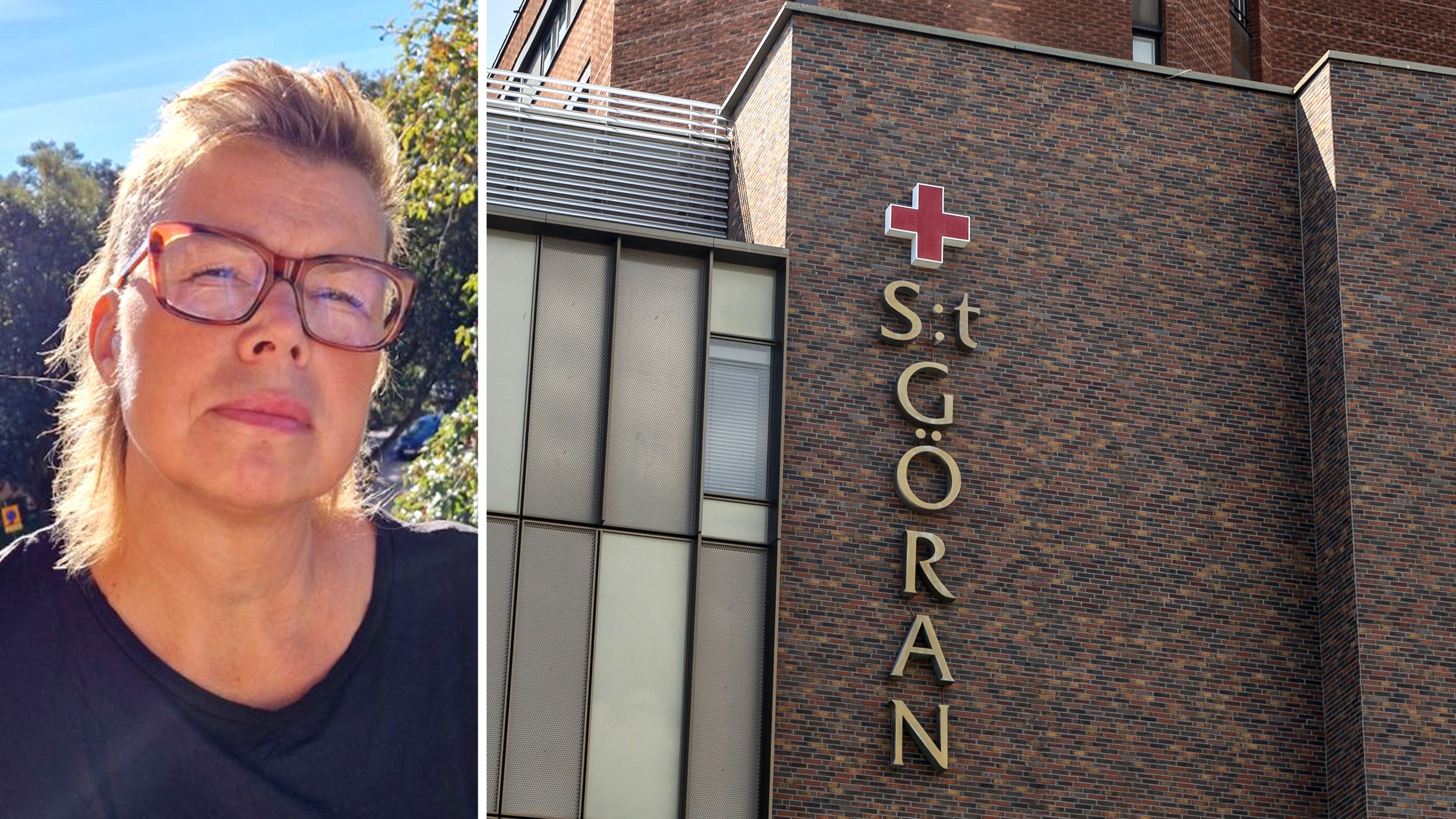 En kvinna med glasögon står utomhus till vänster; till höger syns St. Görans sjukhus fasad med rött kors och namn på väggen.
