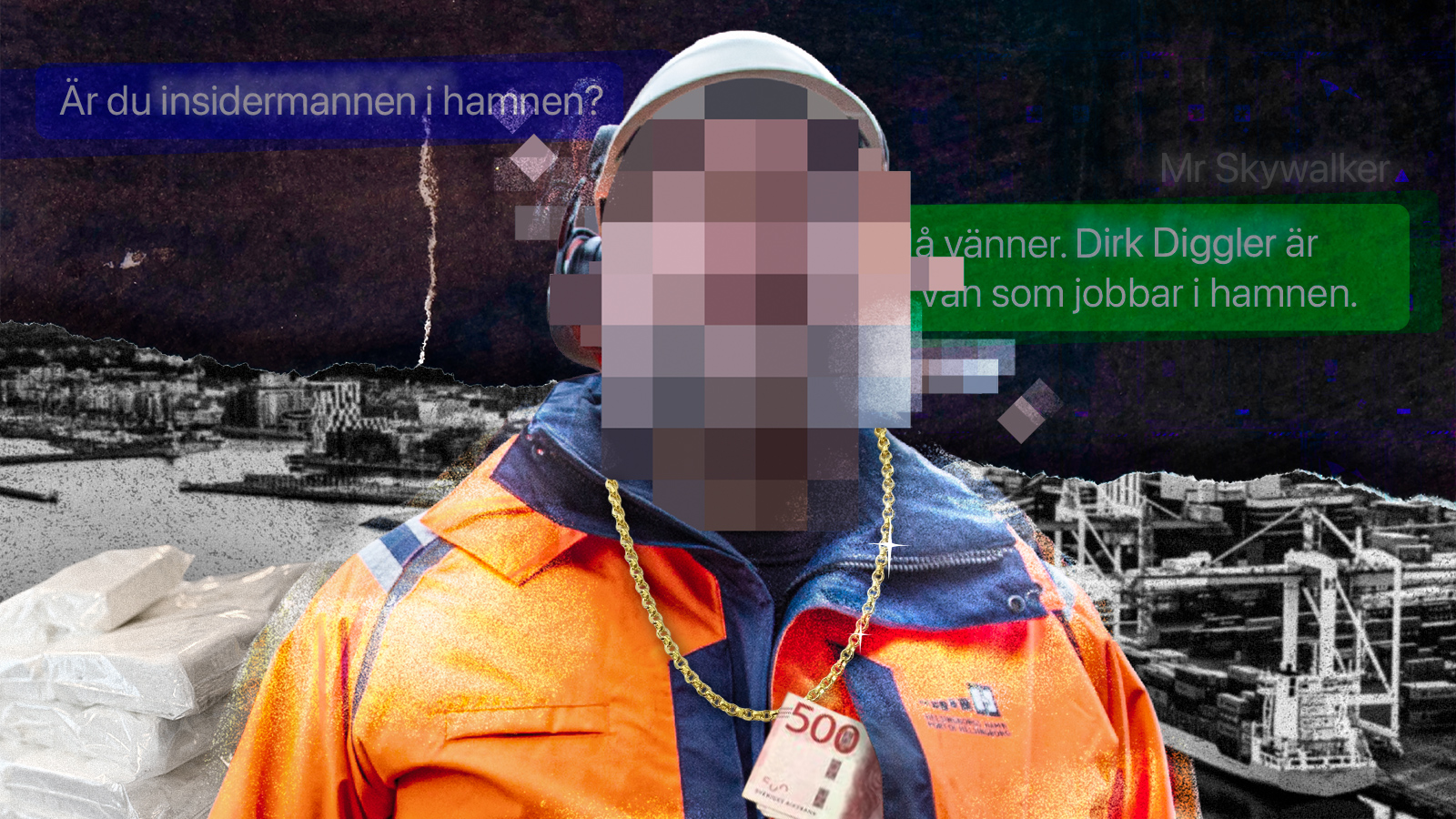 En person med orange arbetsjacka, pixlat ansikte, hjälm och hörselskydd står vid en hamn. Svenska meddelanden syns över bilden.
