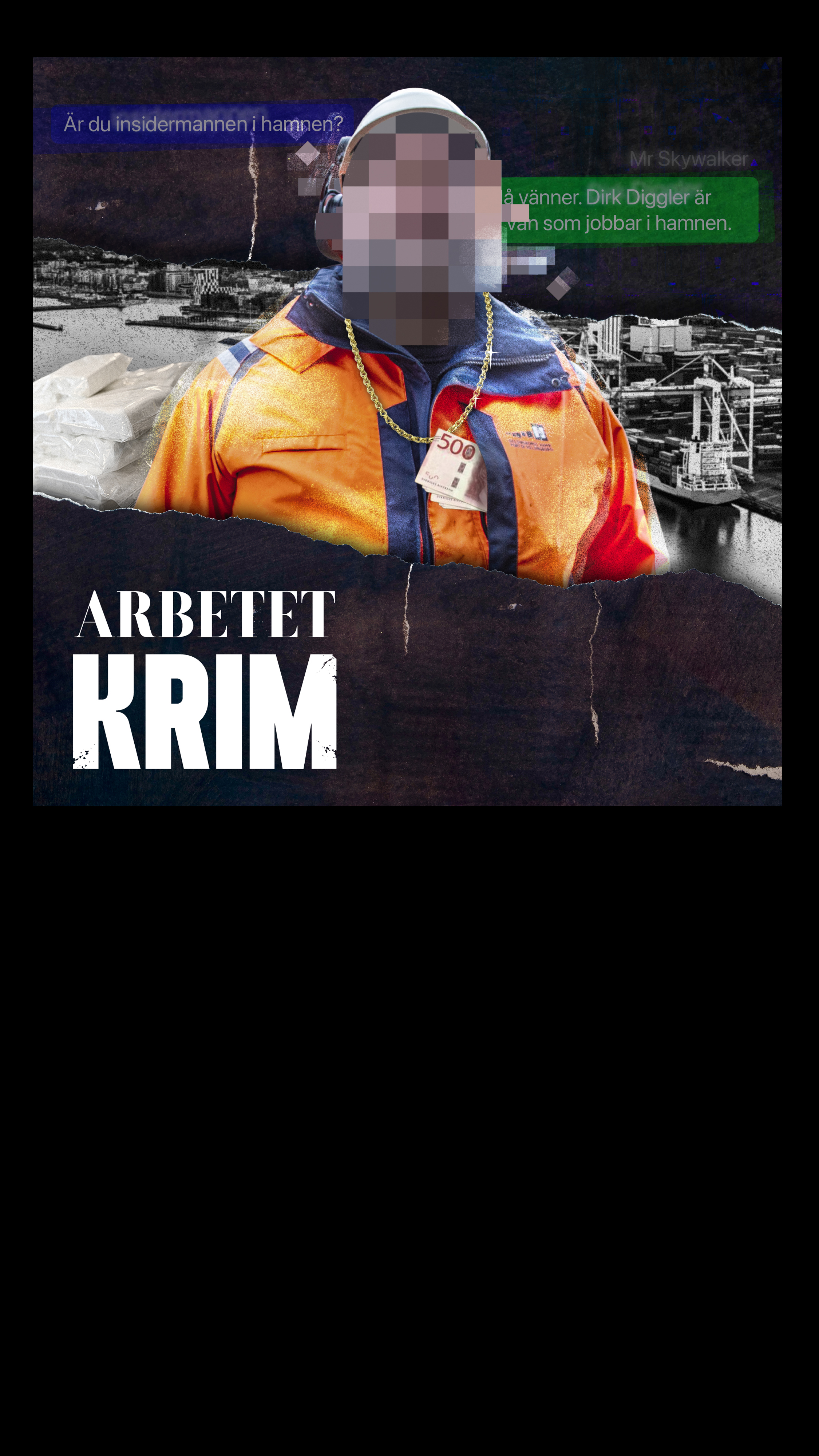 En person med orange säkerhetsjacka och hjälm står i en industrihamn. Ansiktet är pixlat och det står ”Arbetet Krim” under.