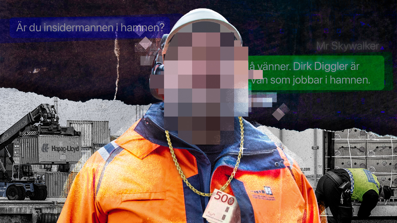 En person med orange arbetsjacka, pixlat ansikte, hjälm och hörselskydd står vid en hamn. Svenska meddelanden syns över bilden.