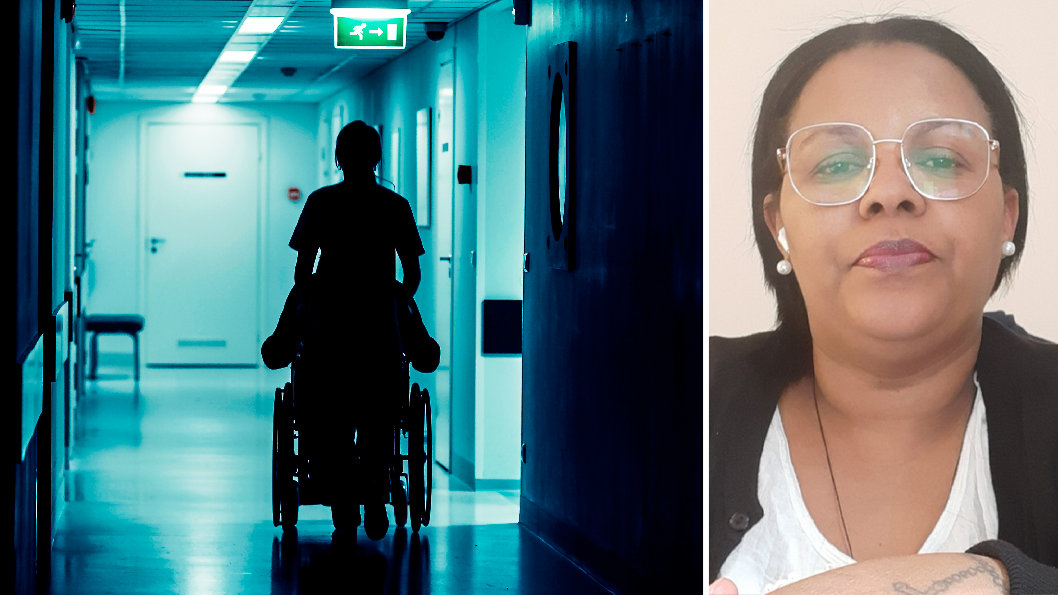 Bildmontage med bild på person som drar en rullstol under en nödutgångsskylt, invid ett foto på Rahel Tzegay.