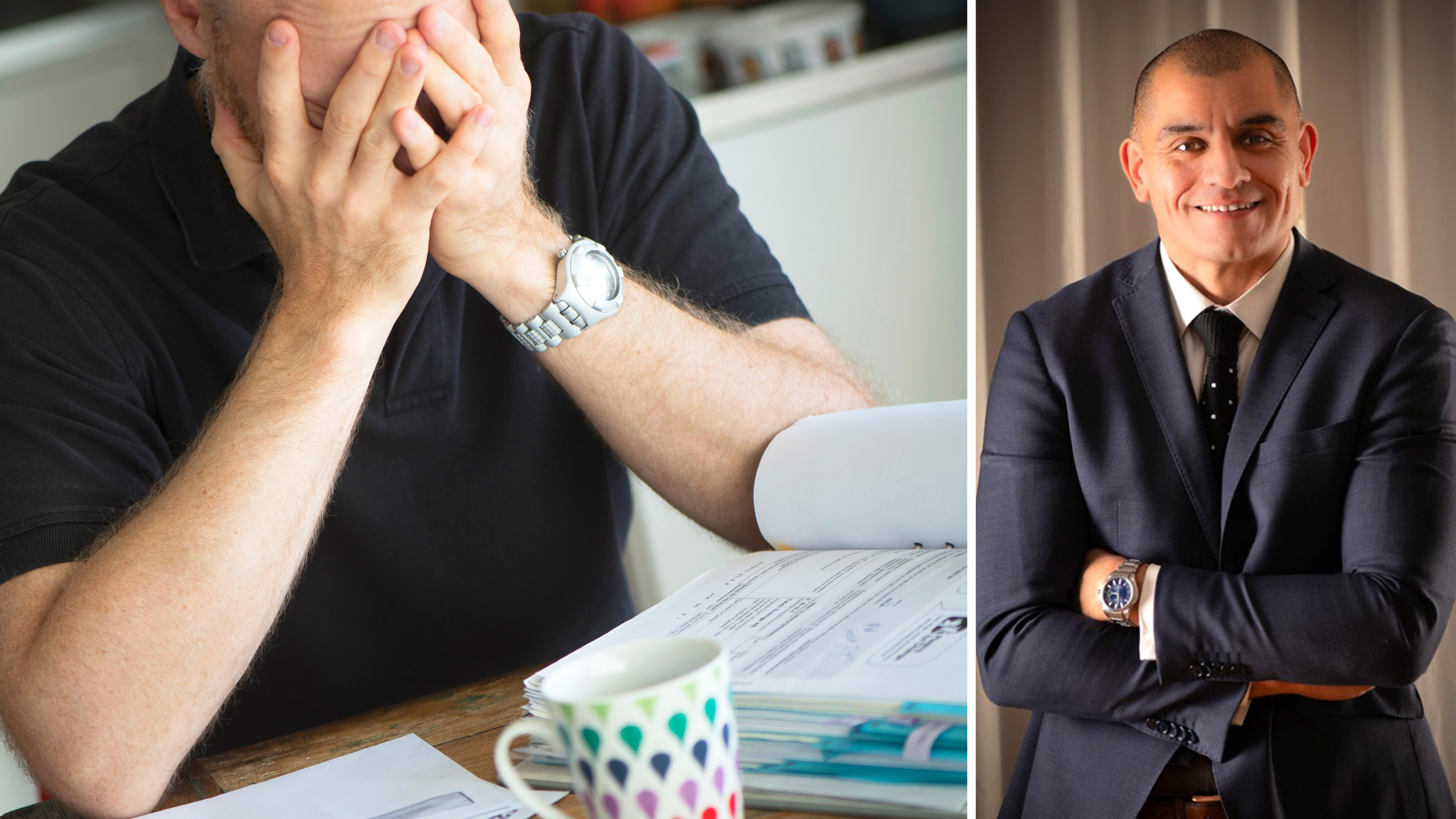 Delad bild: till vänster en person med huvudet i händerna vid ett bord med papper och en mugg, till höger Alejandro Firpo i kostym med armarna i kors.