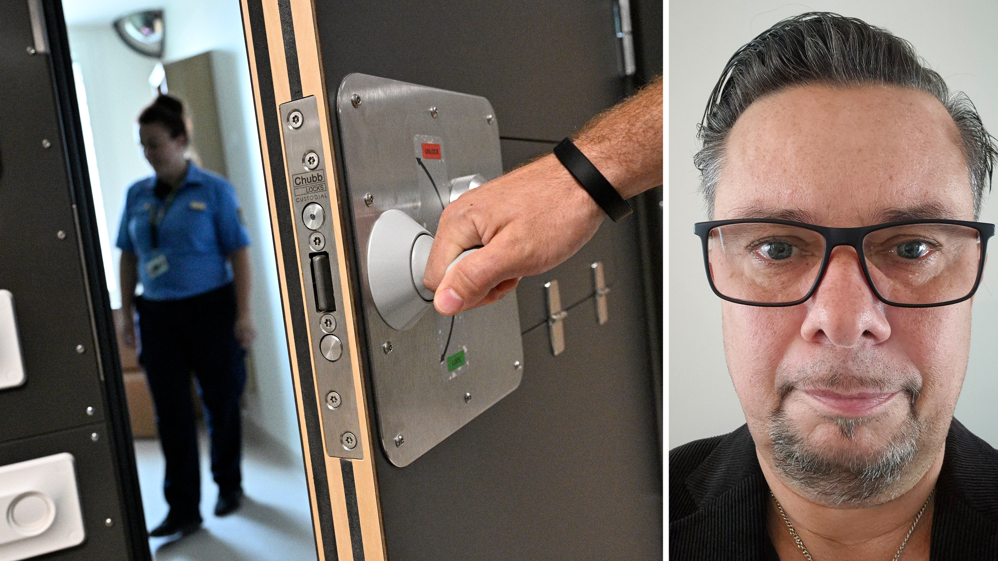 En delad bild visar en hand som vrider om ett lås på en dörr till vänster, en uniformerad person i bakgrunden och en man med glasögon till höger.