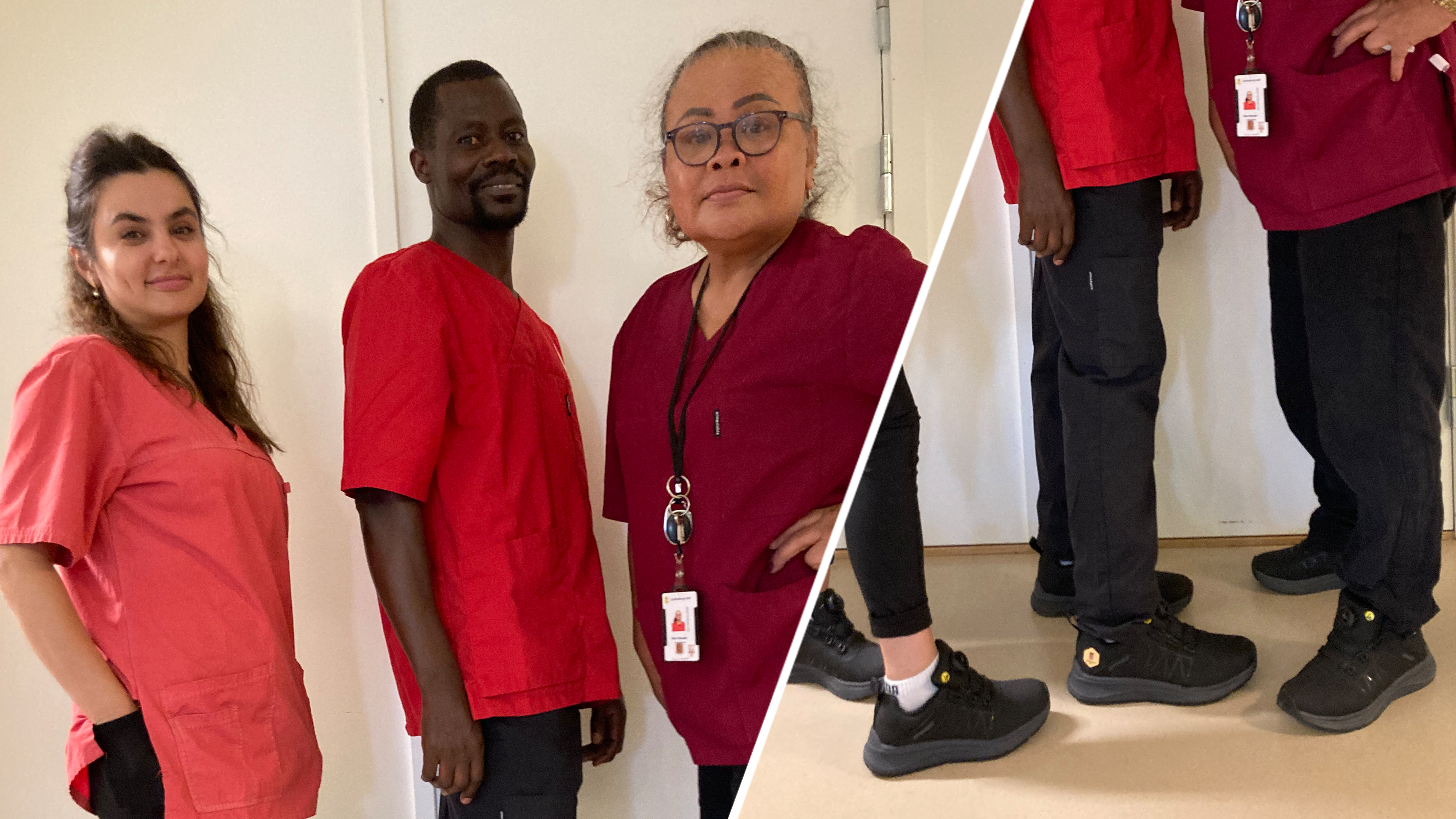 Bild på Lena Aeshoo, Anderson Kalamo och Mina Kitsupha invid bild på deras skobeklädda fötter.