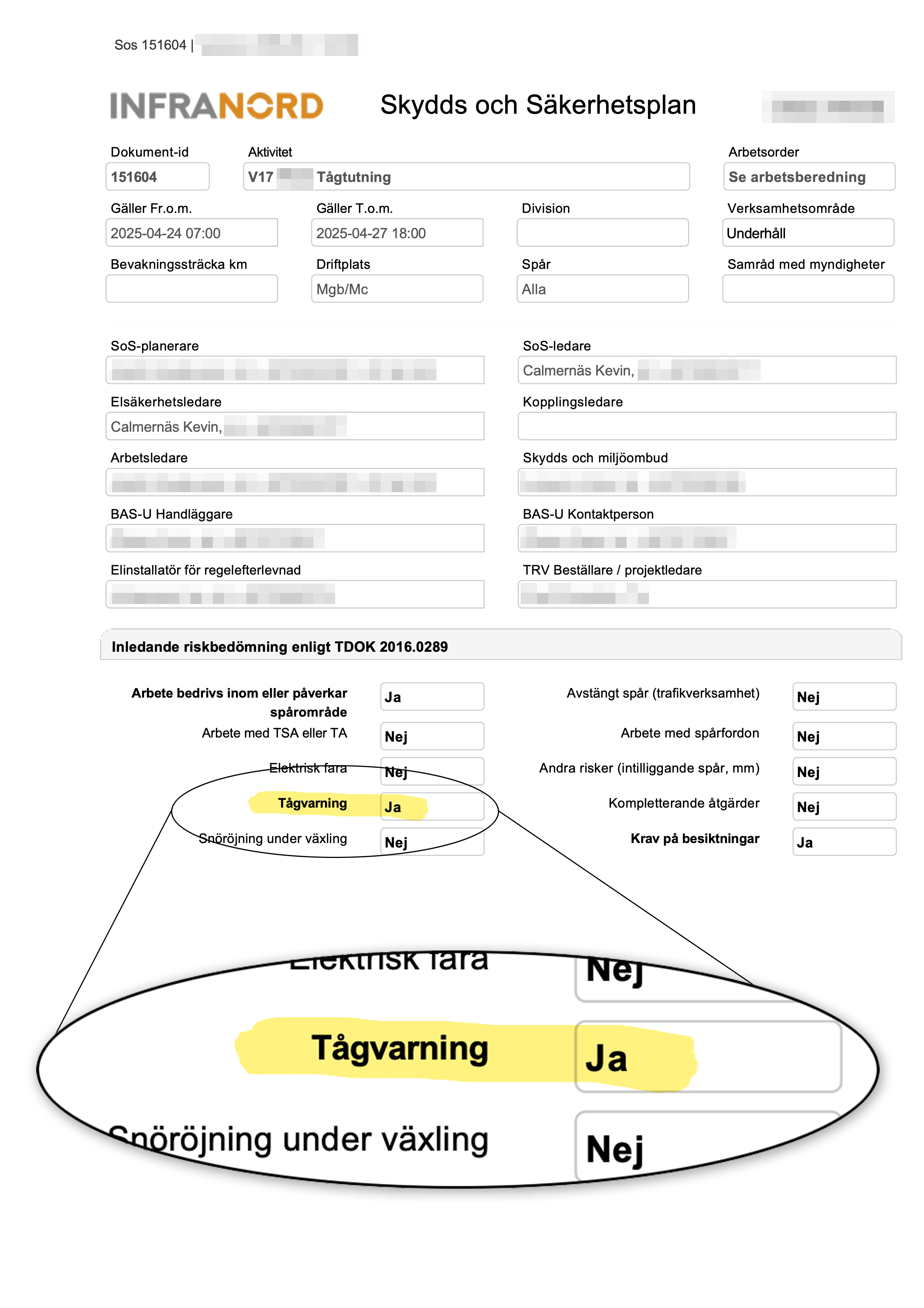Ett svenskt säkerhetsformulär från Infranord med en markerad sektion där "Tågvarning" är ikryssat som "Ja".