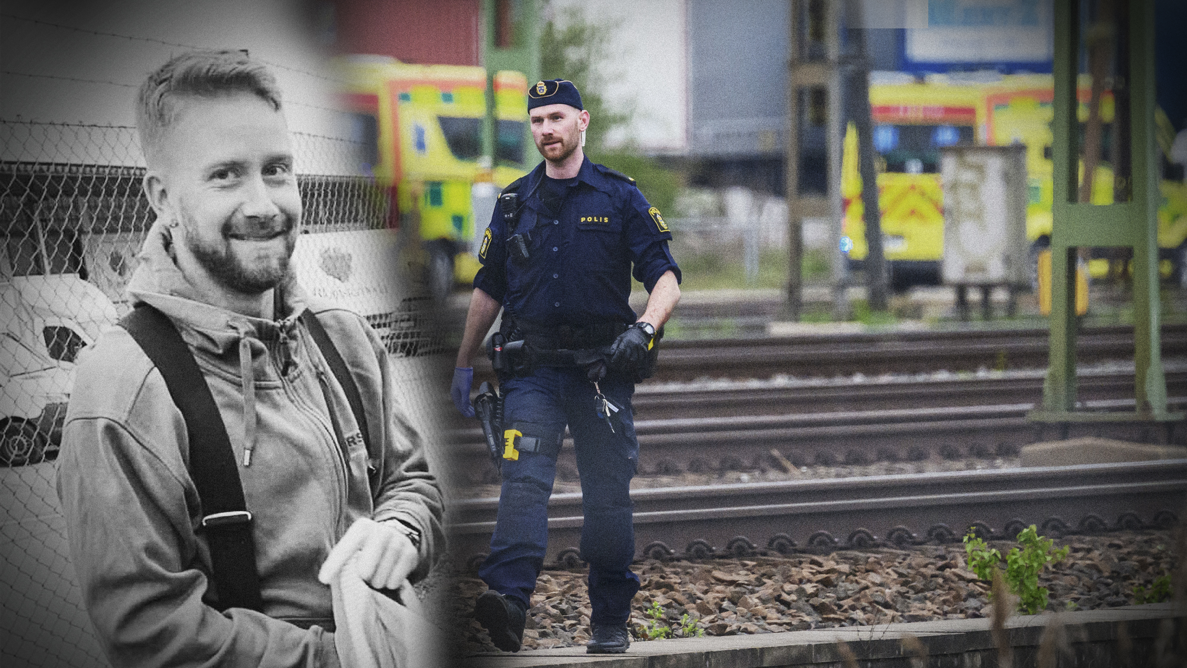 En polis går på järnvägsspåren med utryckningsfordon i bakgrunden. Den infällda bilden visar ett leende svartvitt porträtt av Kevin Carmelnas.