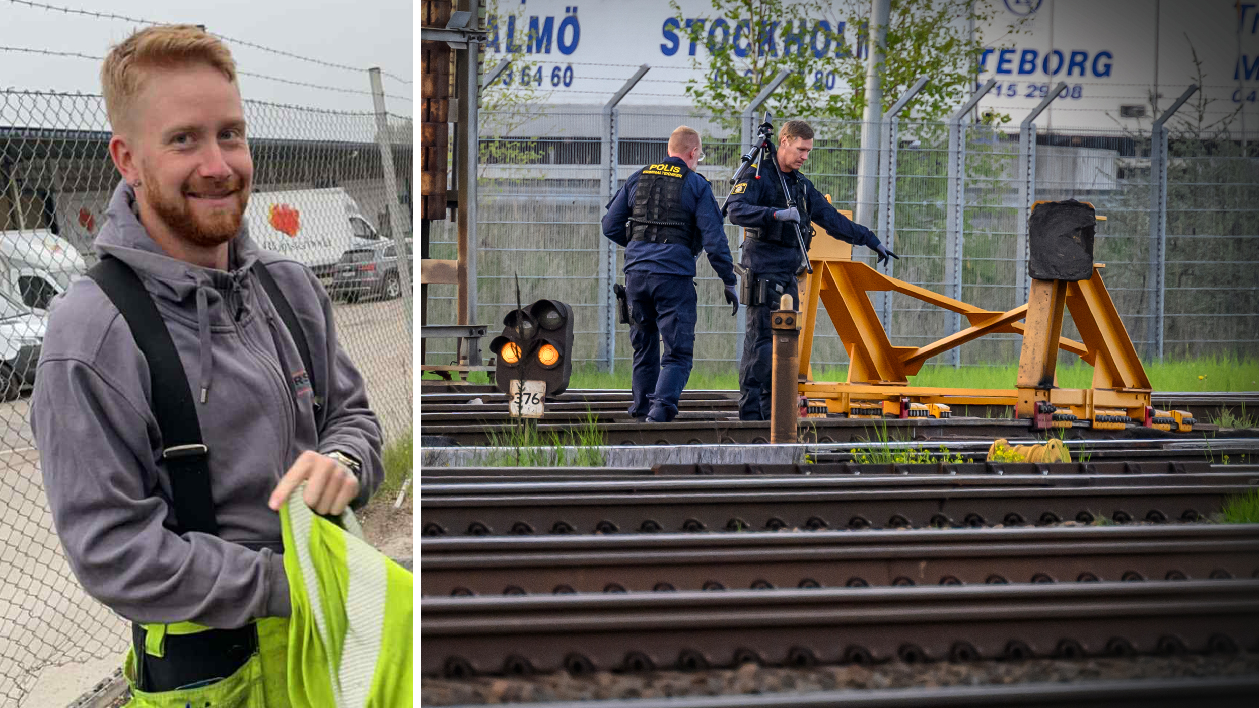 Delad bild där Kevin Calmernäs i arbetskläder står vid ett staket, medan två poliser undersöker järnvägsspår och en gul barriär på bilden till höger.