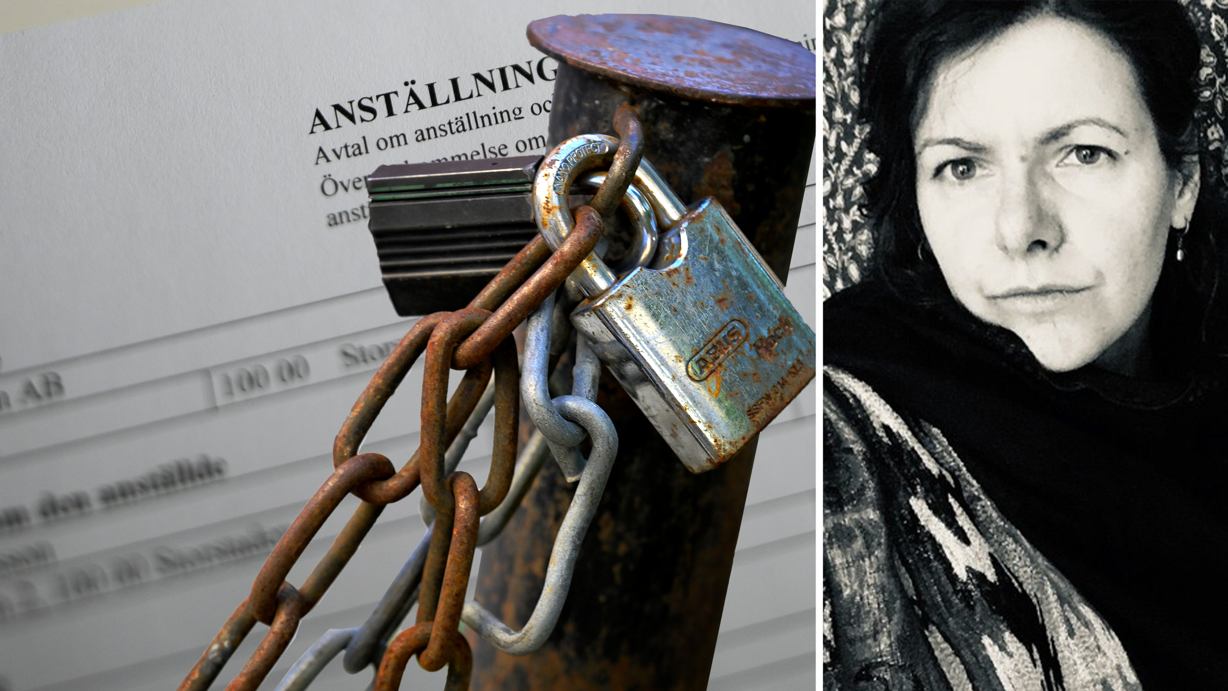Bildmontage med ett anställningsavtal och hänglås invid ett fot på Stella Tormanoff.