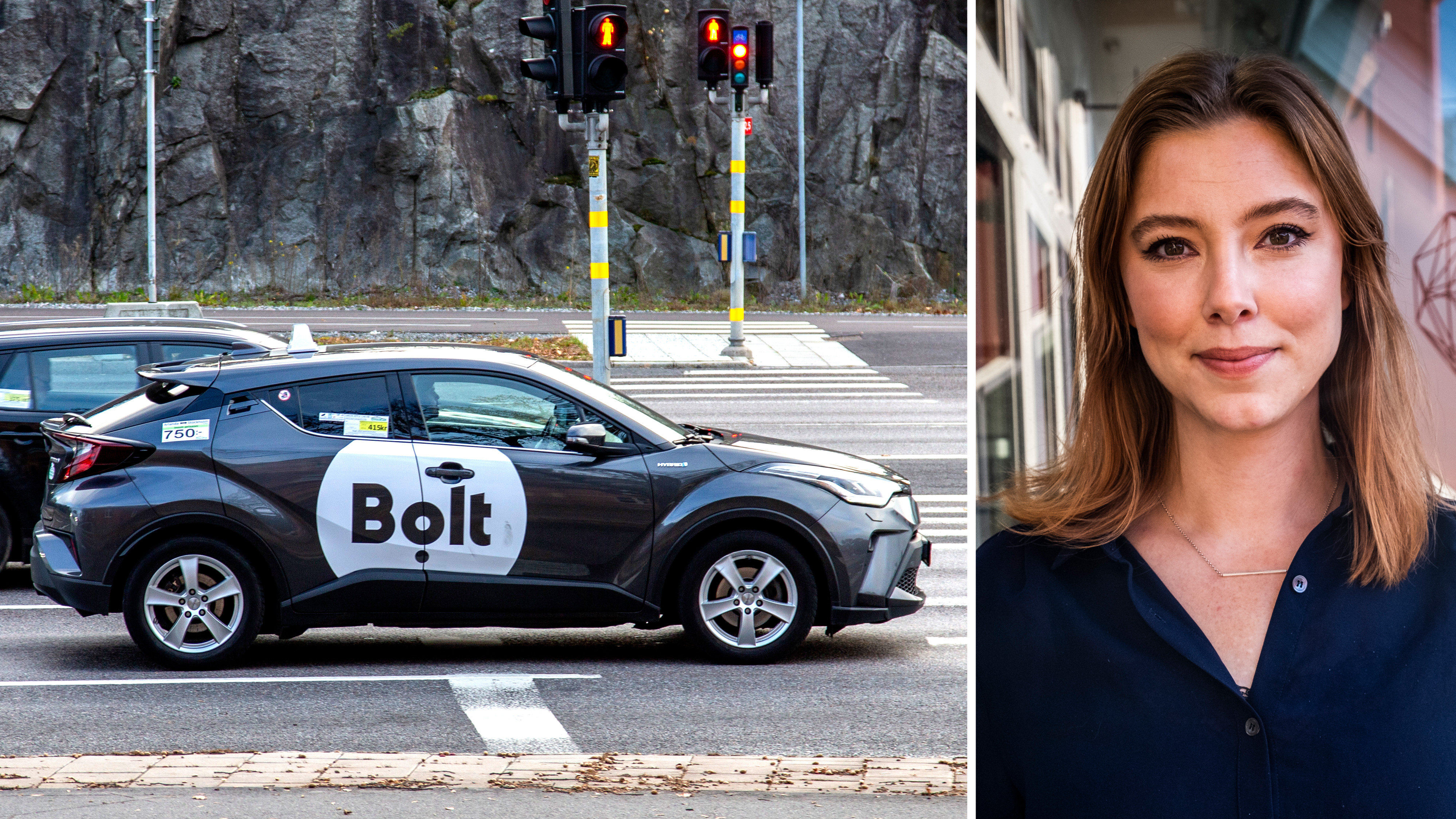 En Bolt-bil står vid ett rödljus; bredvid finns en porträtt av en kvinna med ljust brunt hår och marinblå tröja utomhus.