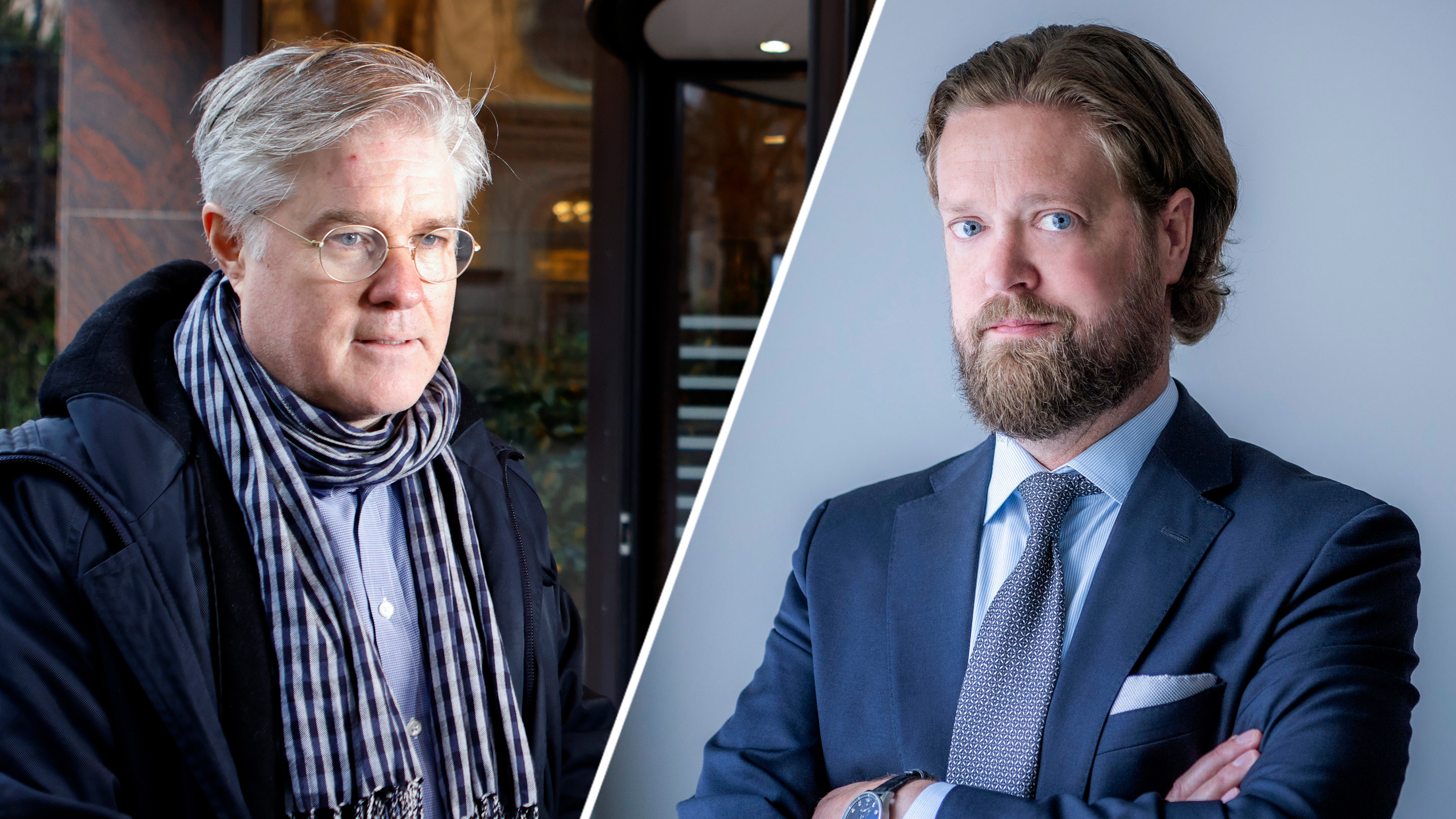 Delad bild med två män: till vänster en man med glasögon, jacka och halsduk ute; till höger en man i kostym inne.