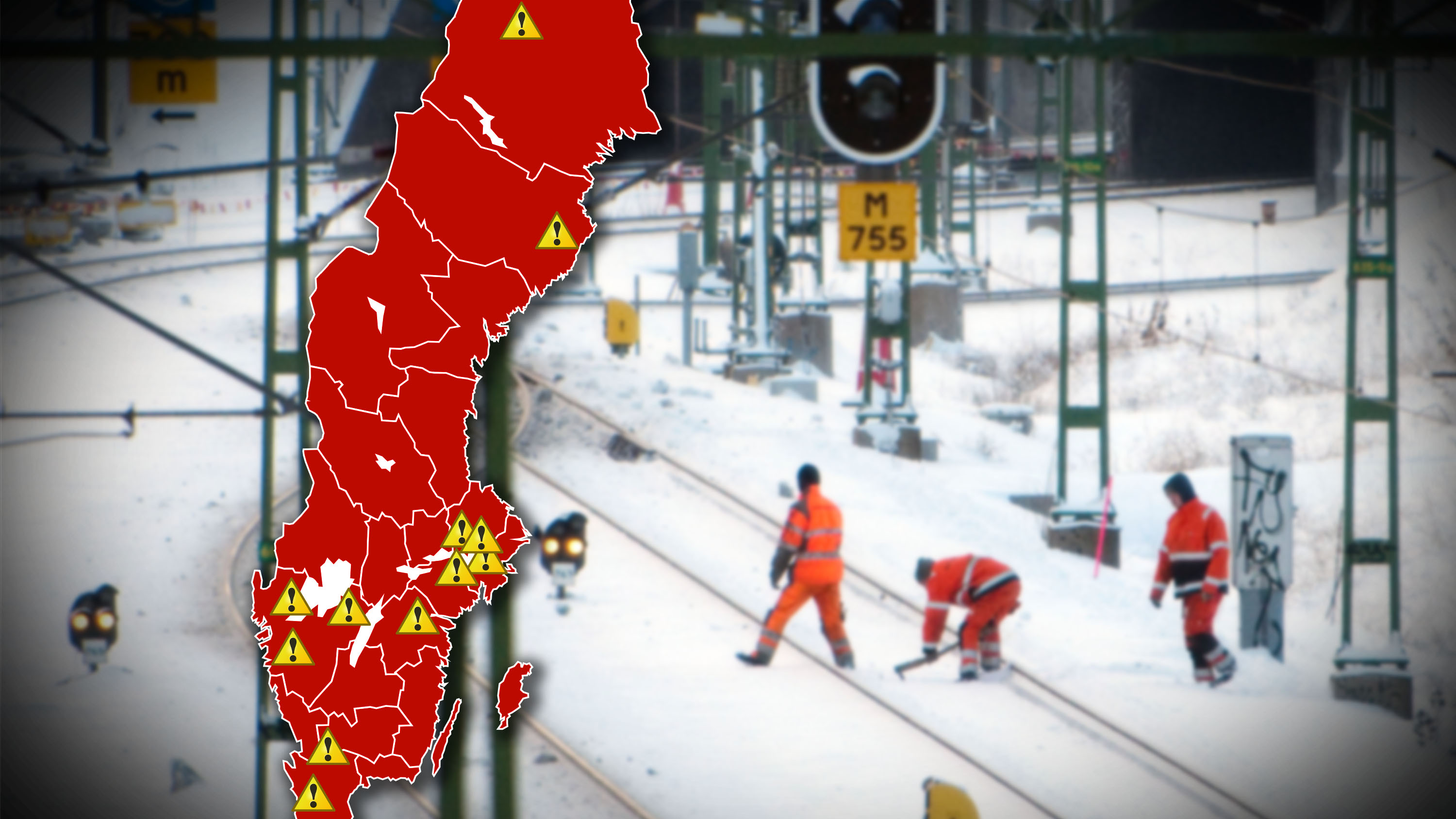 En karta över Sverige med farosymboler i området, framför en snötäckt järnväg, med arbetare i orange kläder som underhåller spåren.