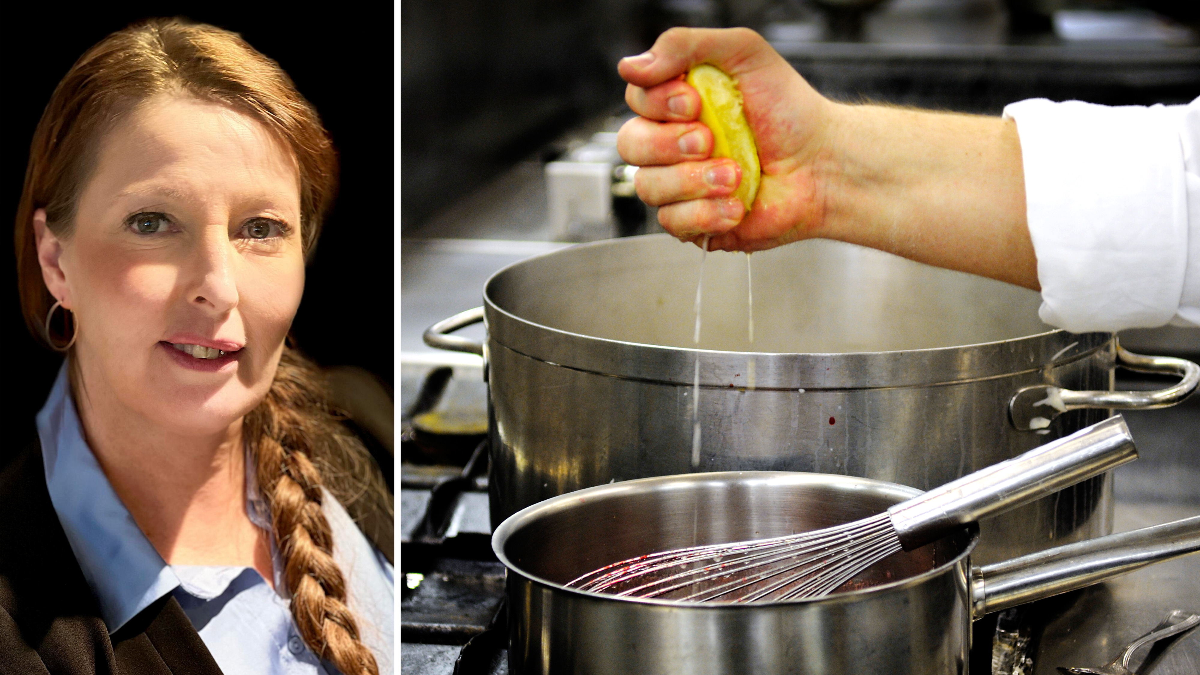 Till vänster kan du se en kvinna med flätat hår. Till höger pressar en hand en citron över en gryta och vispa i köket.