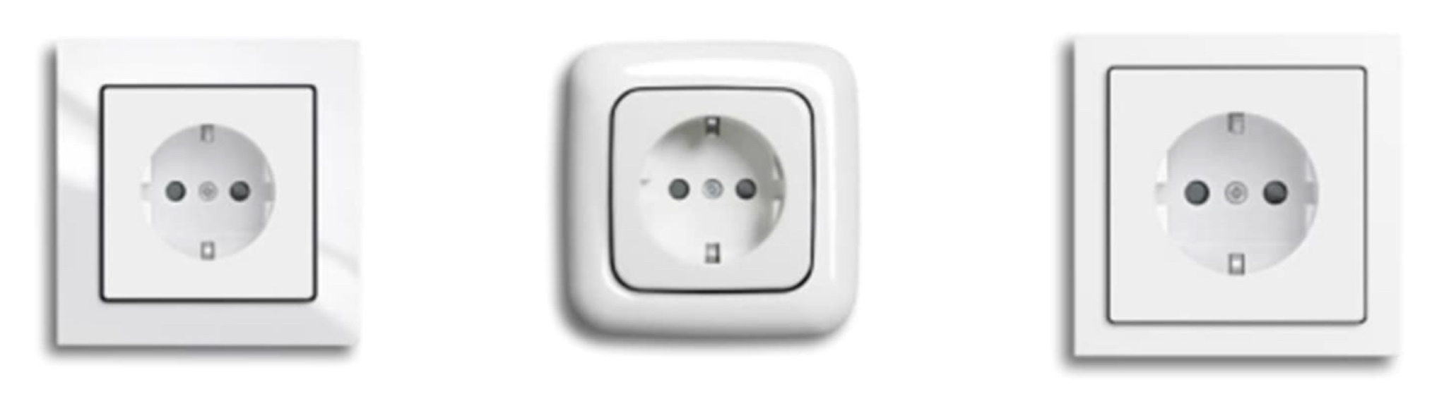Tre olika europeiska eluttag med två runda hål och en jordningskontakt, placerade i vita fyrkantiga eller runda ramar.