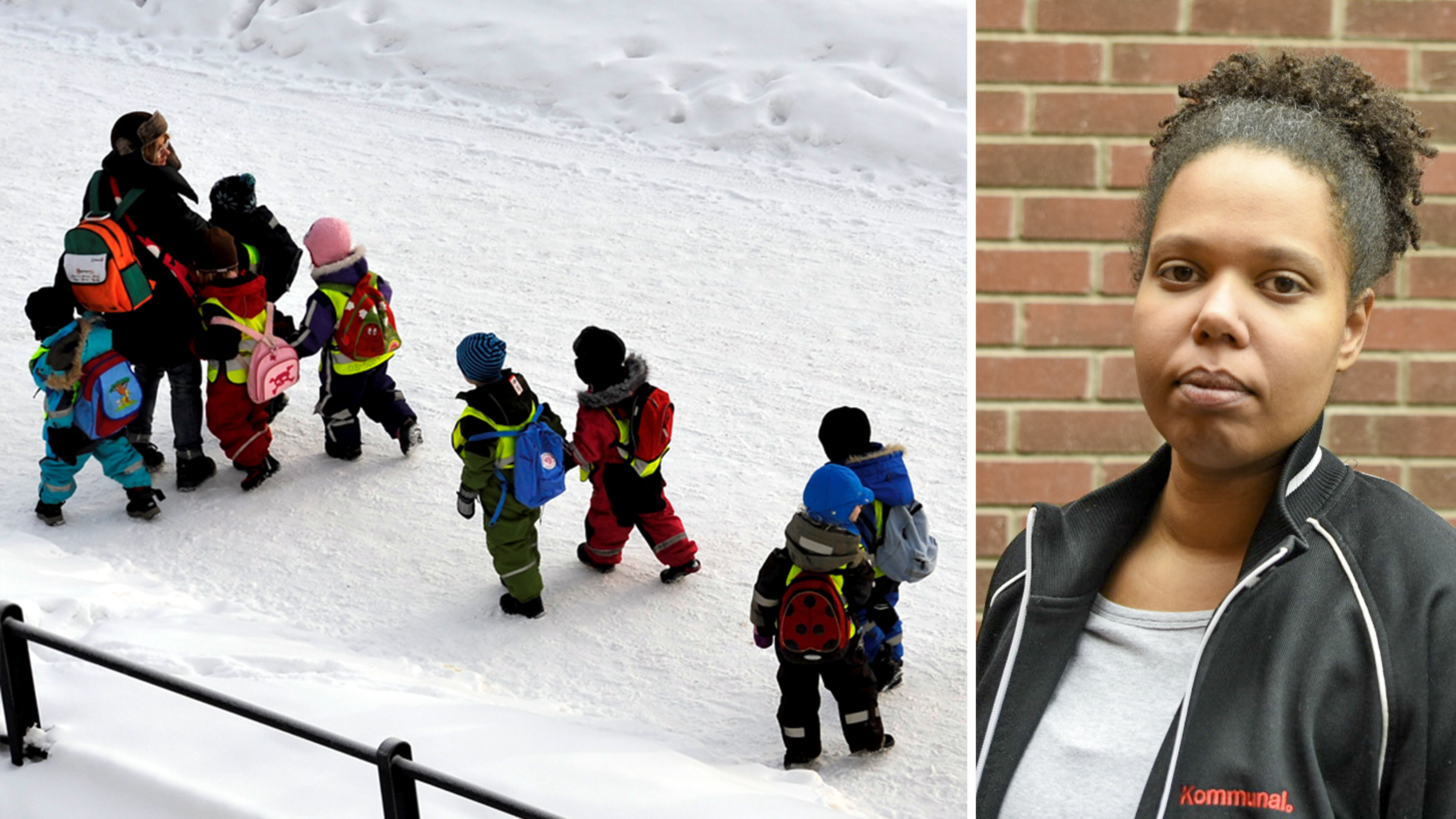 Bildmontage med en förskolegrupp på vinterpromenad invid foto på Sofia Ahjolinna.