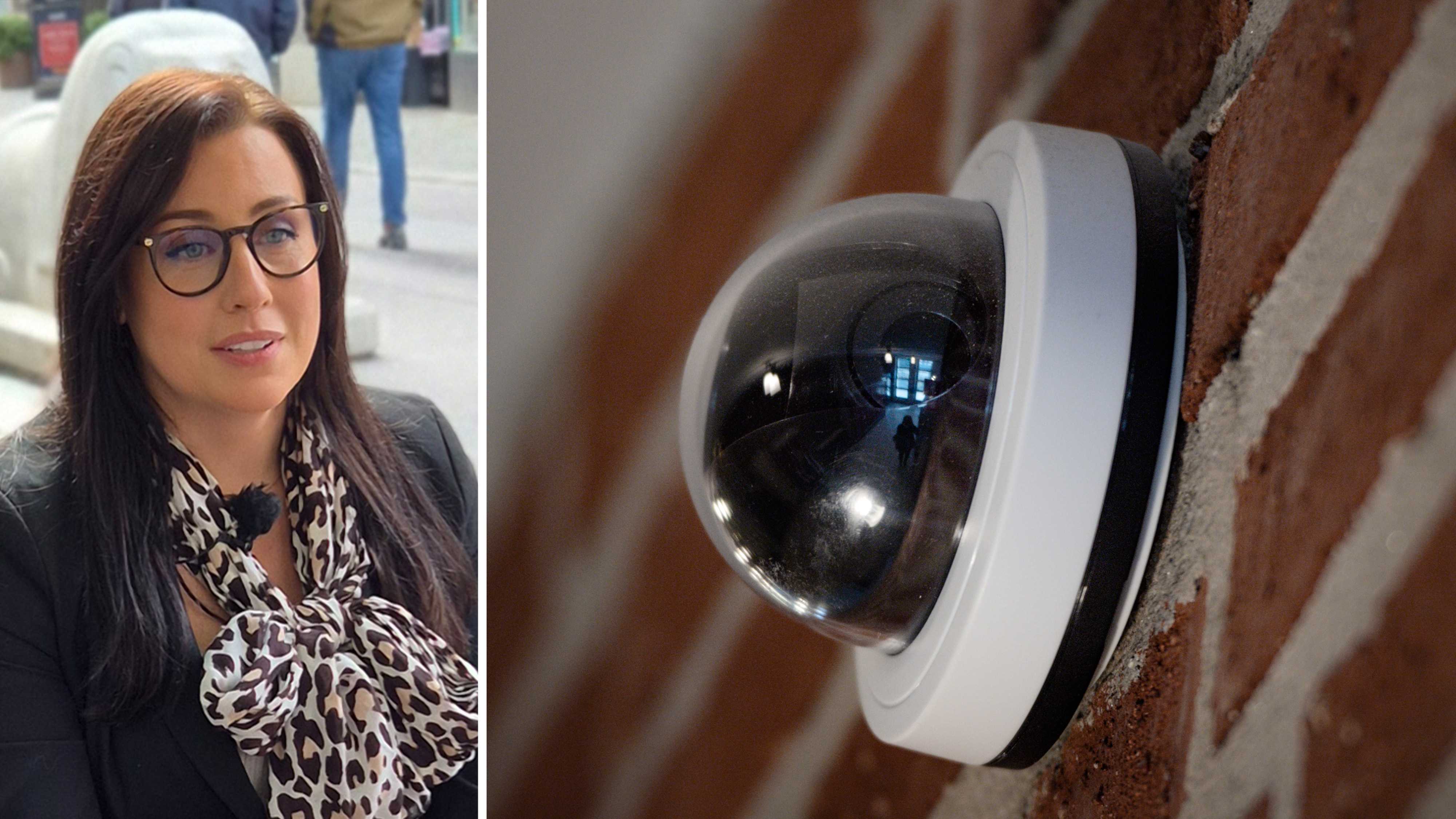 En kvinna med glasögon och mönstrad sjal är till vänster; en övervakningskamera på en tegelvägg är till höger.