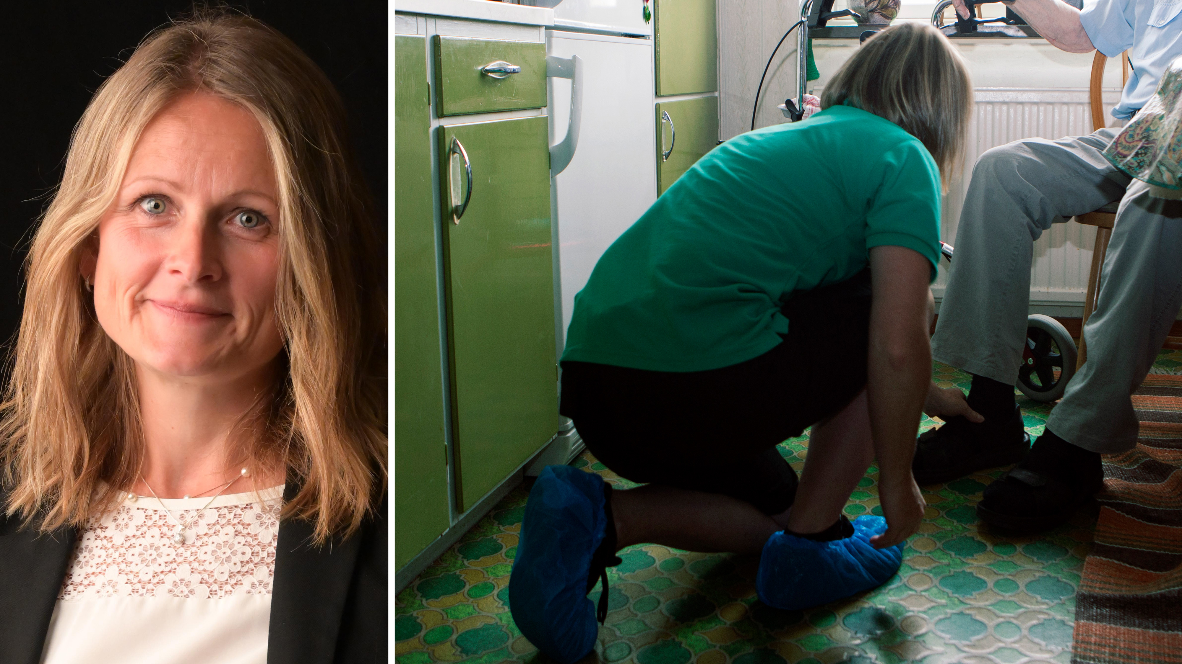 Delad bild: Till vänster ler en kvinna med blont hår mot kameran. Till höger hjälper en vårdgivare en äldre person i ett kök.