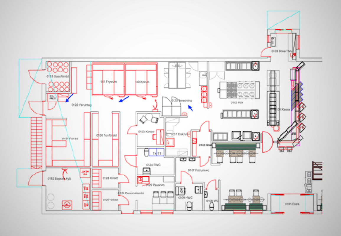 Planskiss över ett storkök som bland annat visar arbetsstationer, utrustning, förvaringsutrymmen och gångvägar markerade med pilar.
