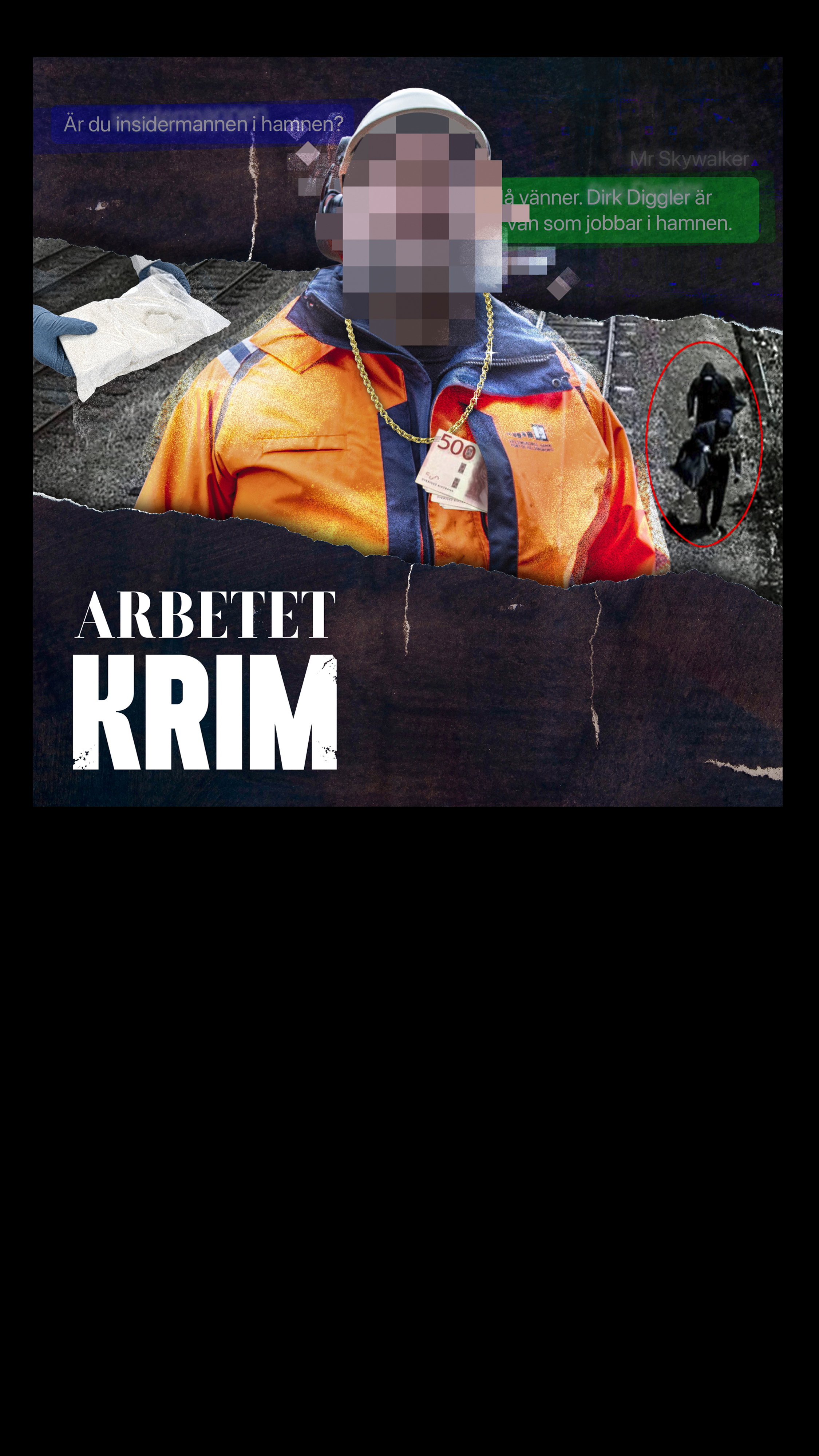 En person i orange säkerhetsjacka med pixlat ansikte står vid hamnutrustning; svensk text och grafik ligger ovanpå bilden.