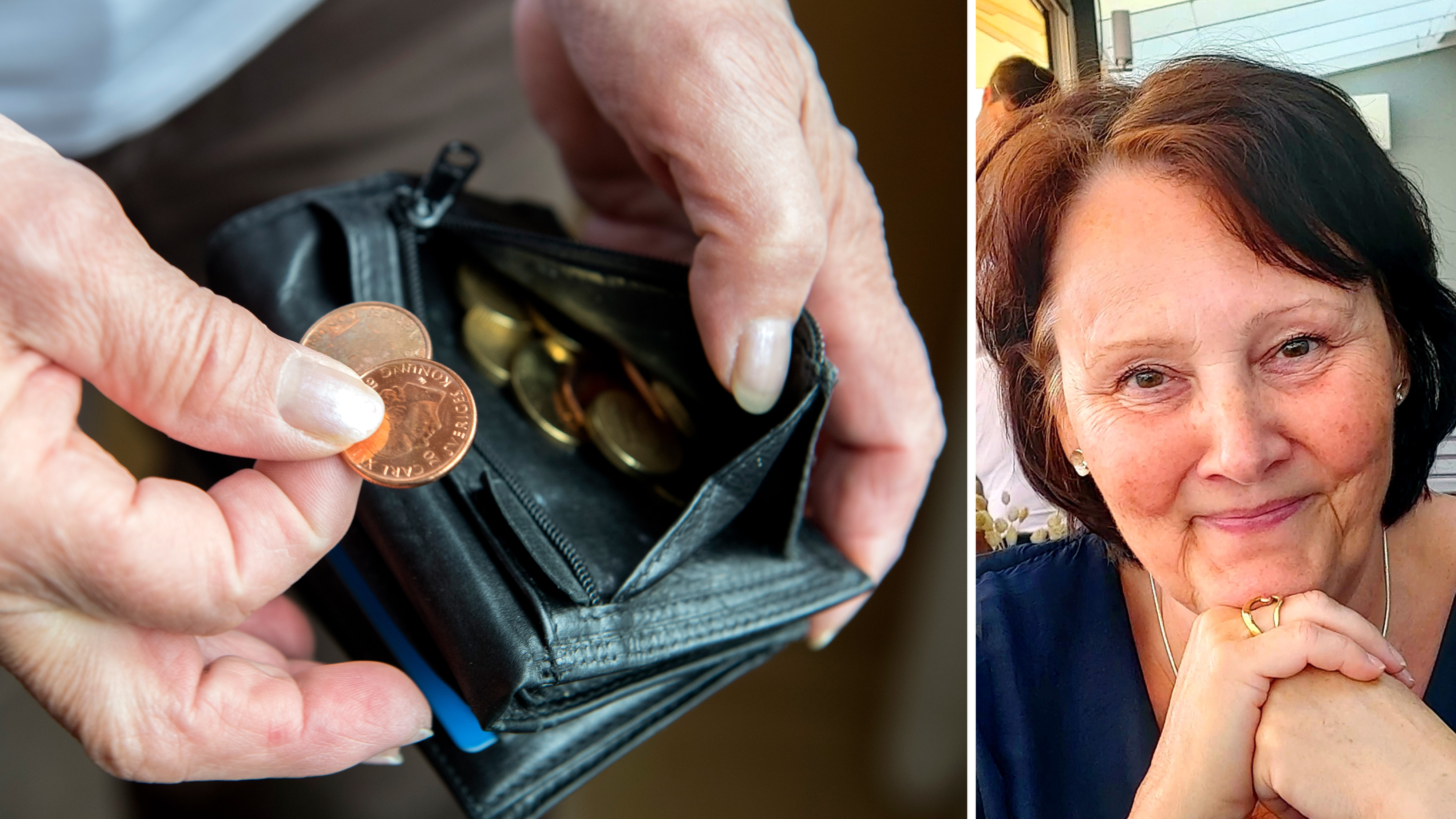 En person håller ett myntetui med mynt i ena handen. Bredvid står en kvinna med kort brunt hår och blå tröja, som ler mot kameran.