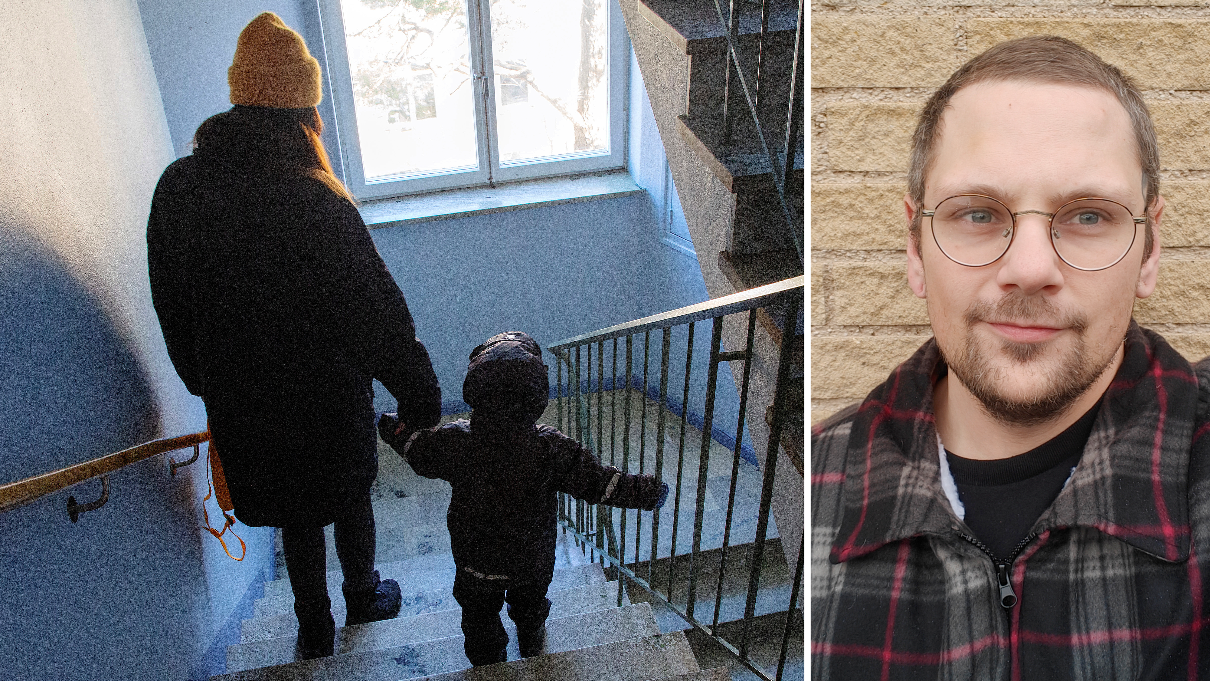 Bredvid ett foto på Dennis Strand finns ett montage av en förälder och ett barn som går ner för trappan.