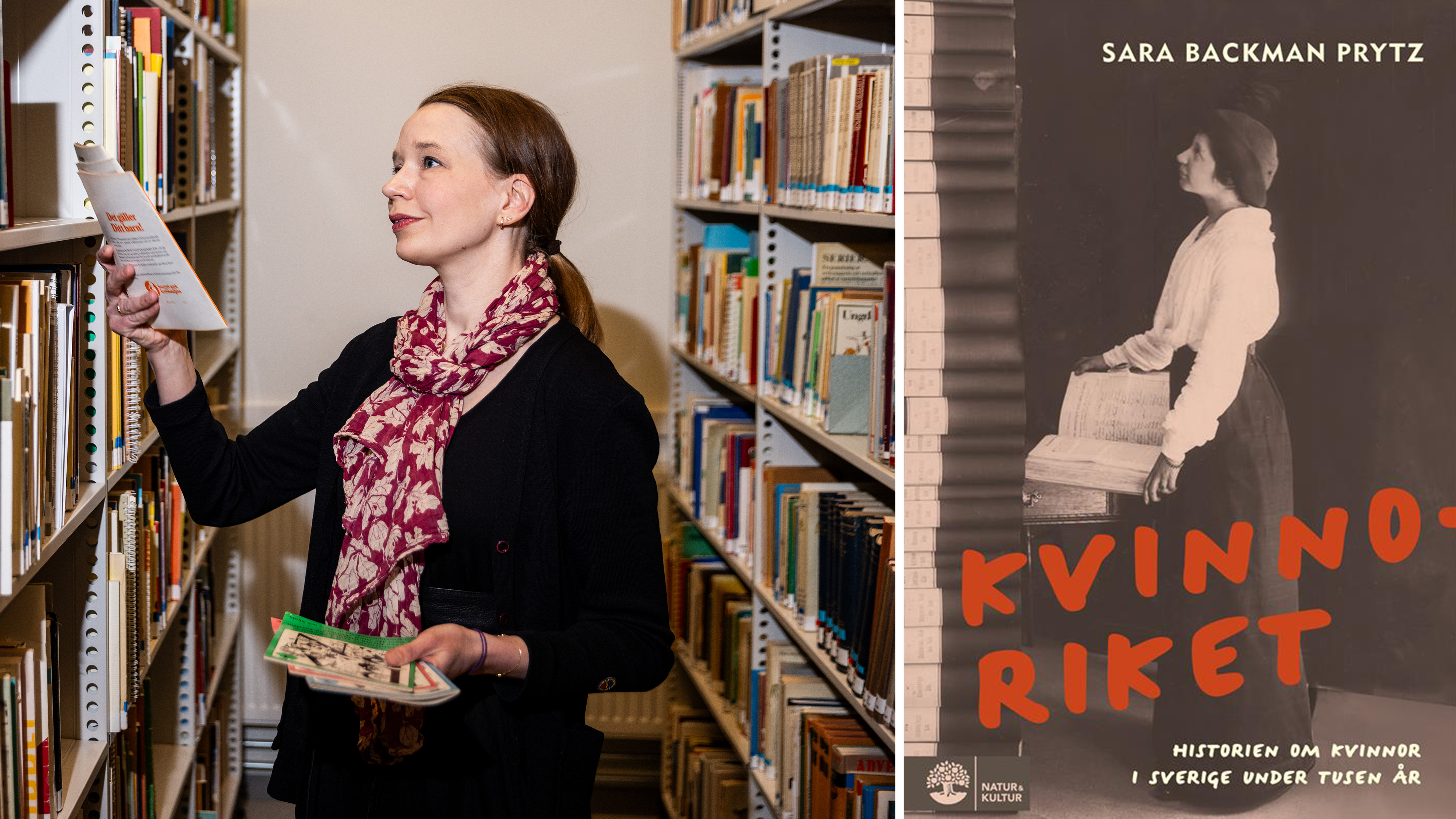 Bildmontage med foto på Sara Backman Prytz bland bokhyllor, invid bild på framsidan till boken Kvinnoriket.