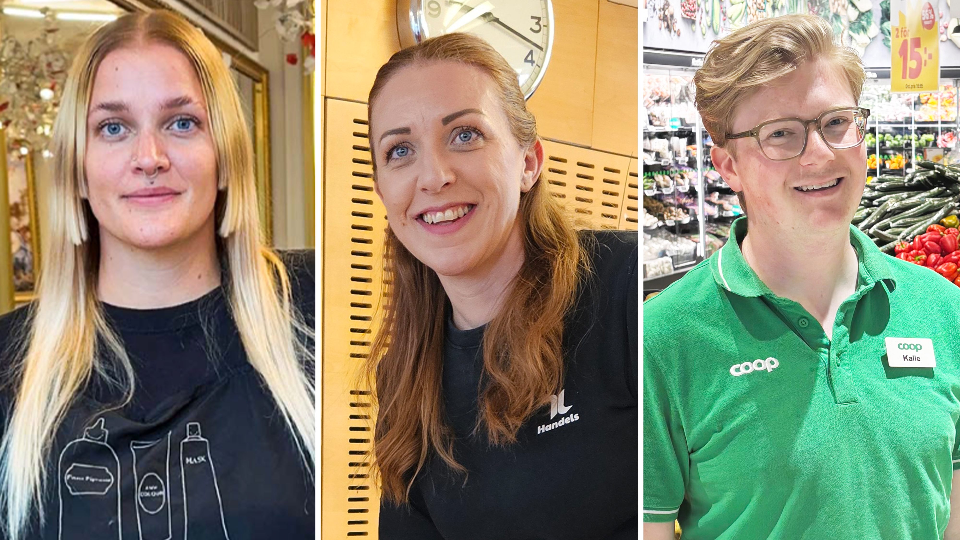 Tre personer visas i olika miljöer: en kvinna med långt blont hår, en kvinna med rödaktigt hår vid en klocka och en man i grön tröja i en mataffär.