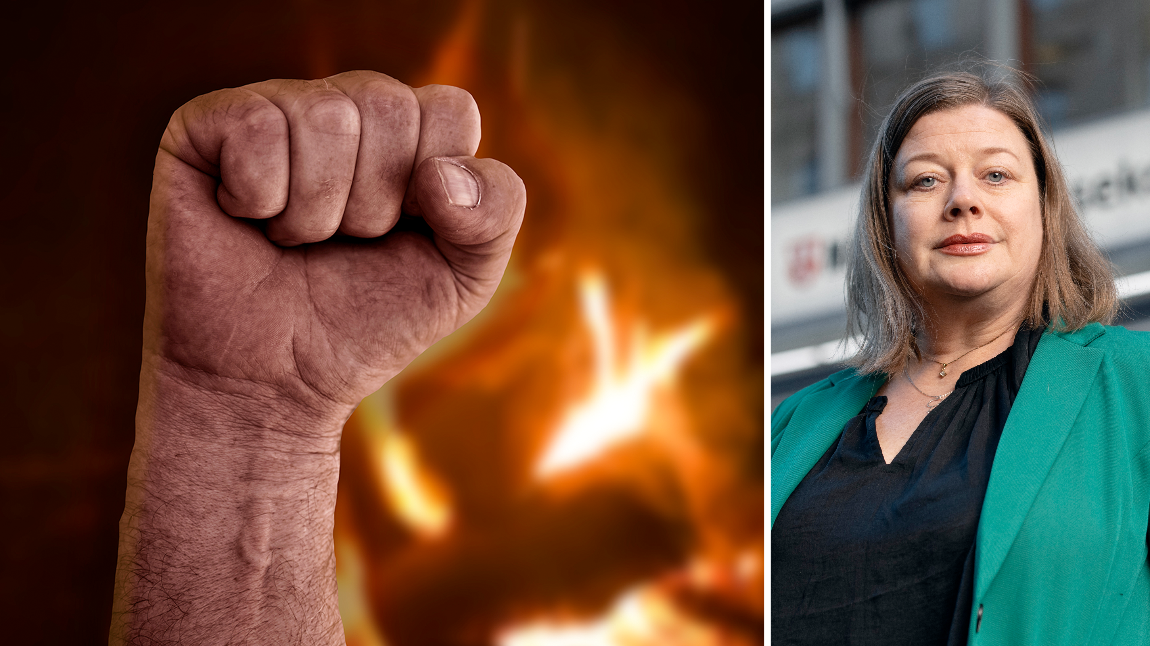 Bildmontage med en knuten näve framför eld invid ett foto på Malin Ragnegård.