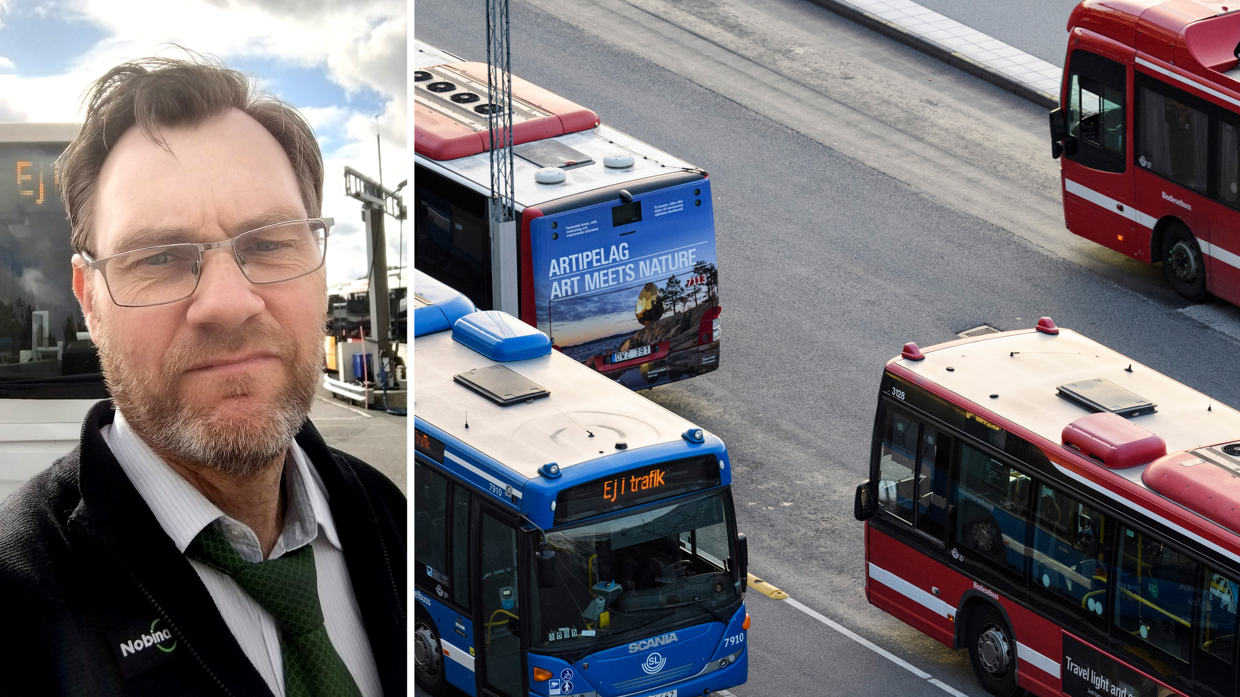 En man i kostym står framför en buss till vänster. Till höger står flera bussar parkerade vid en bussterminal.