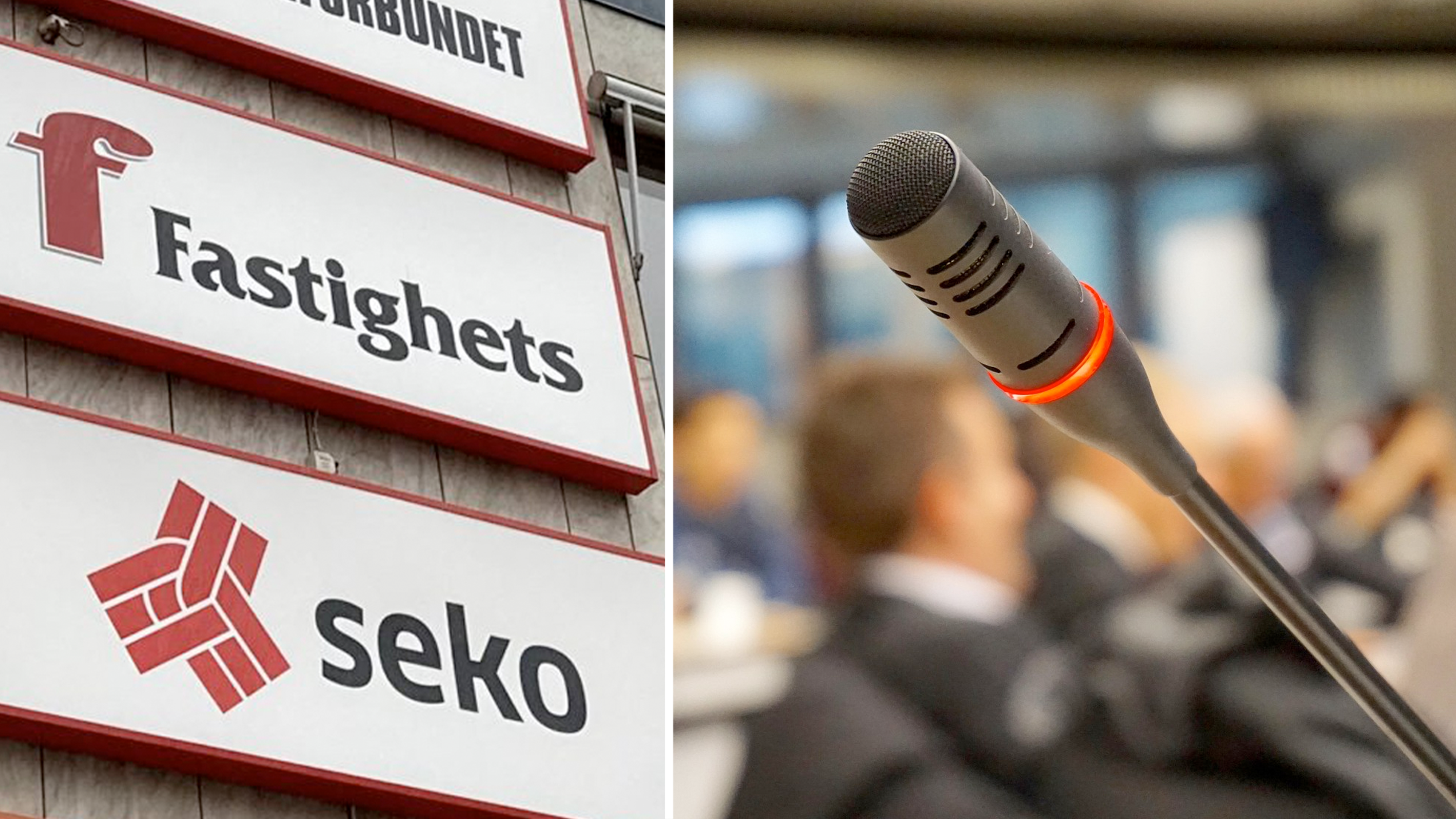 Bildmontage med Fastighets logotyp-skylt på en husfasad, invid ett foto på en mikrofon i en mötessal.