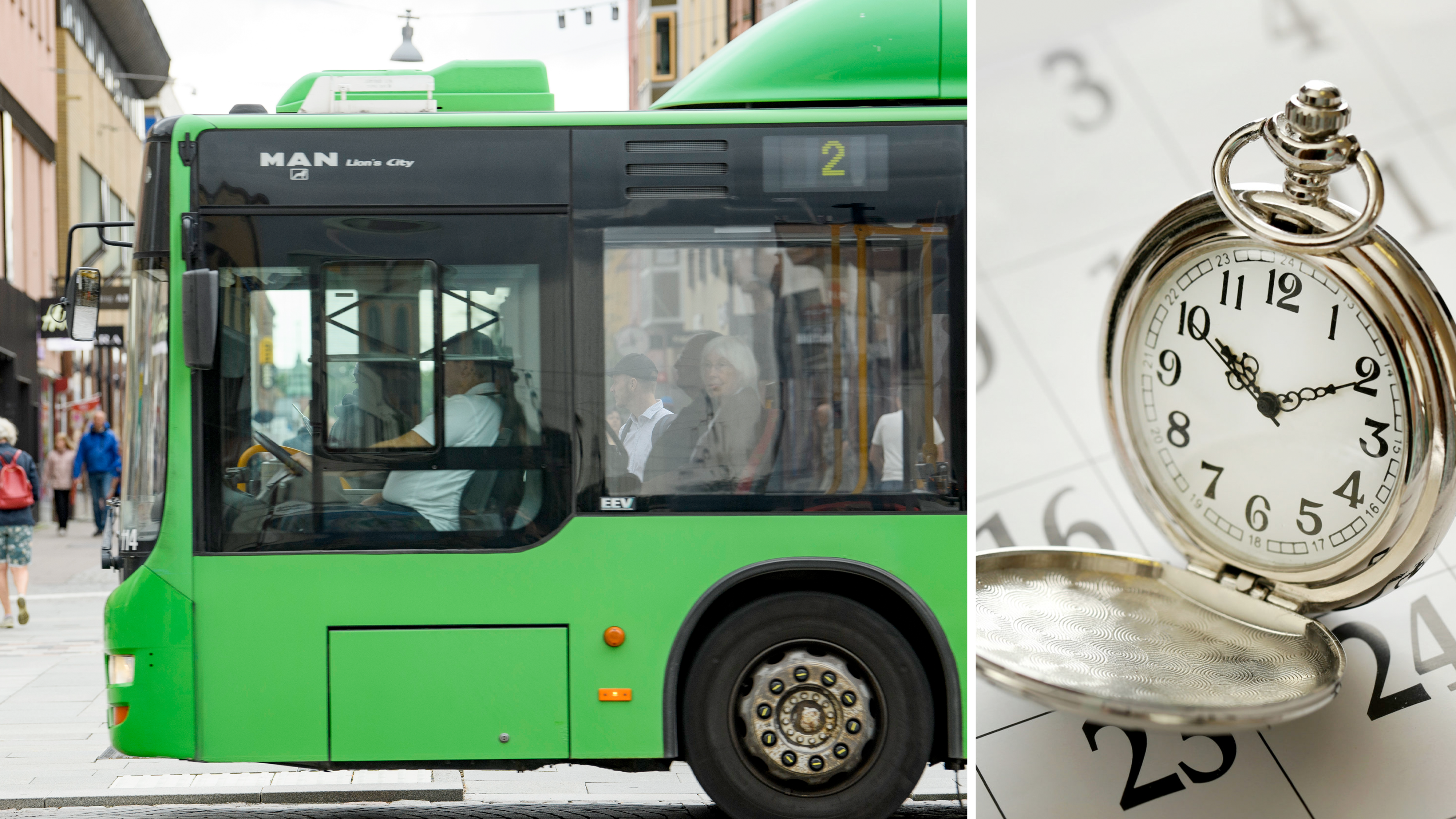 Bildmontage med en grön buss invid ett fickur på en kalender.