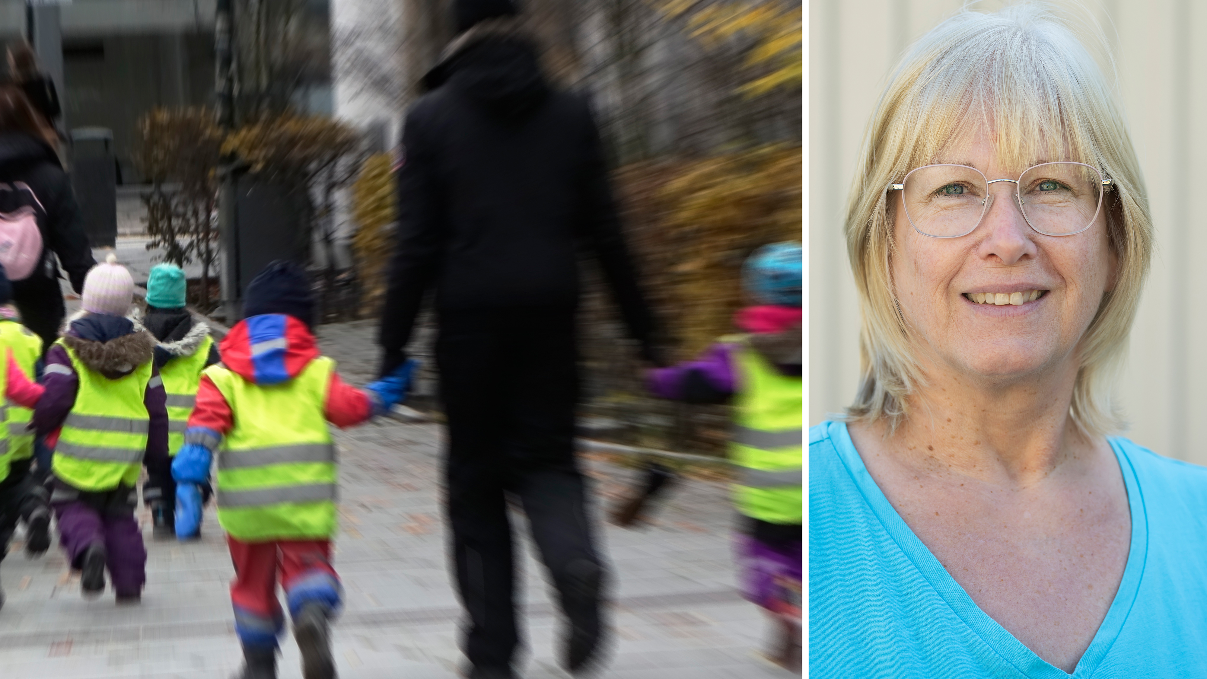 En grupp barn med reflexvästar går med en vuxen utomhus; bredvid syns en kvinna med glasögon och blå tröja som ler mot kameran.