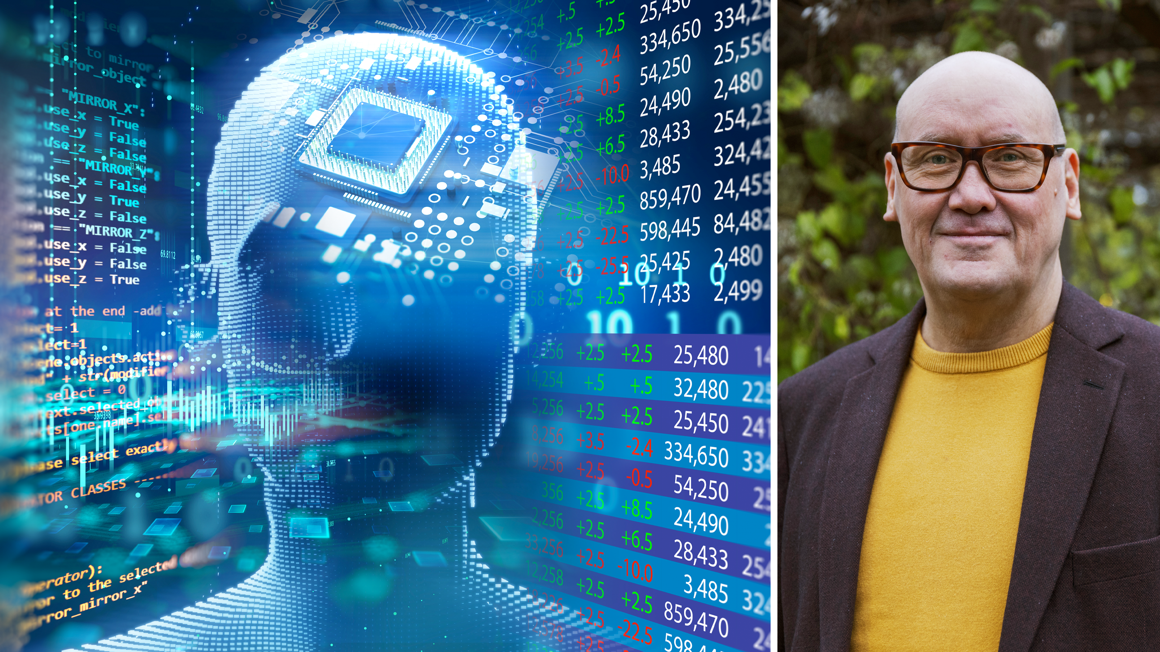 Ett fotomontage med ett AI-liknande ansikte, siffror och illustrationer av kretskort bredvid ett foto av Thorbjörn Jonsson.